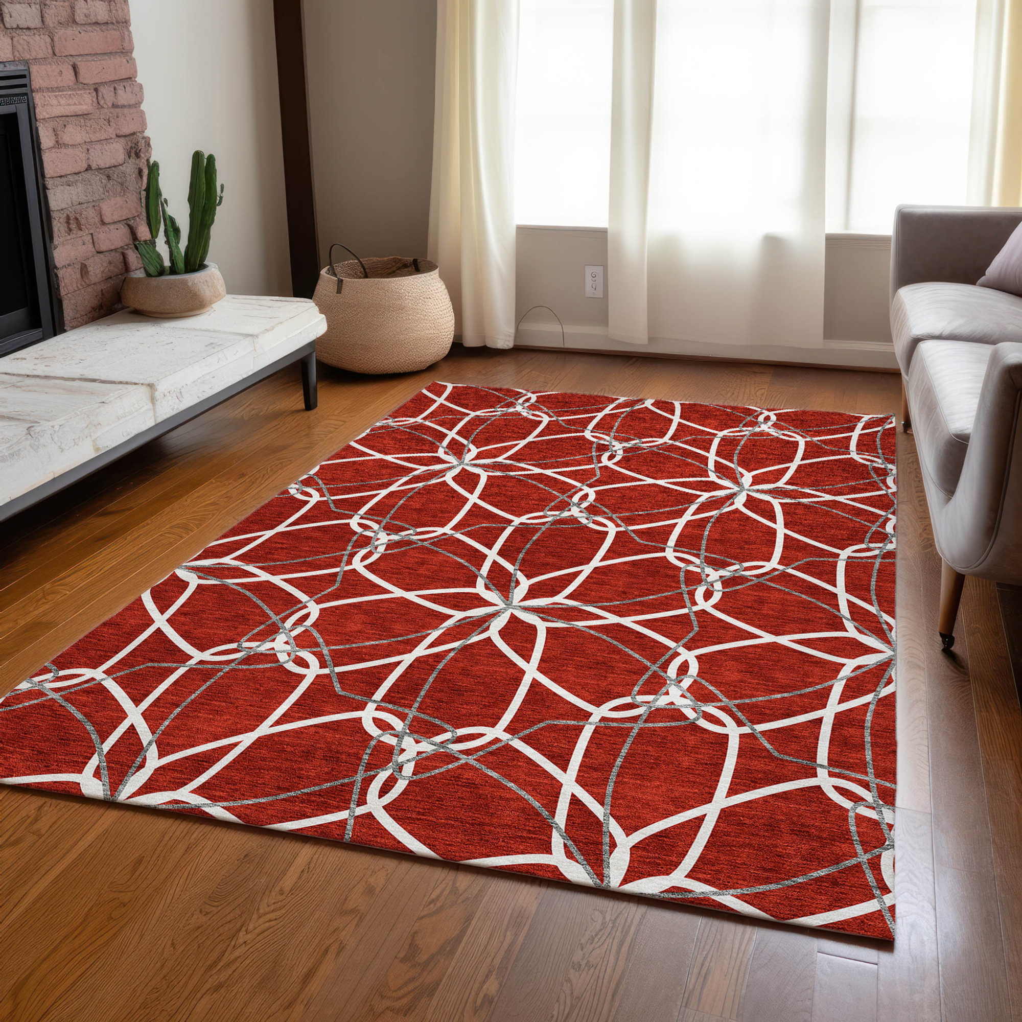 10' X 14' Red And Ivory Geometric Washable Indoor Outdoor Area Rug - 1 - Sports & Outdoor