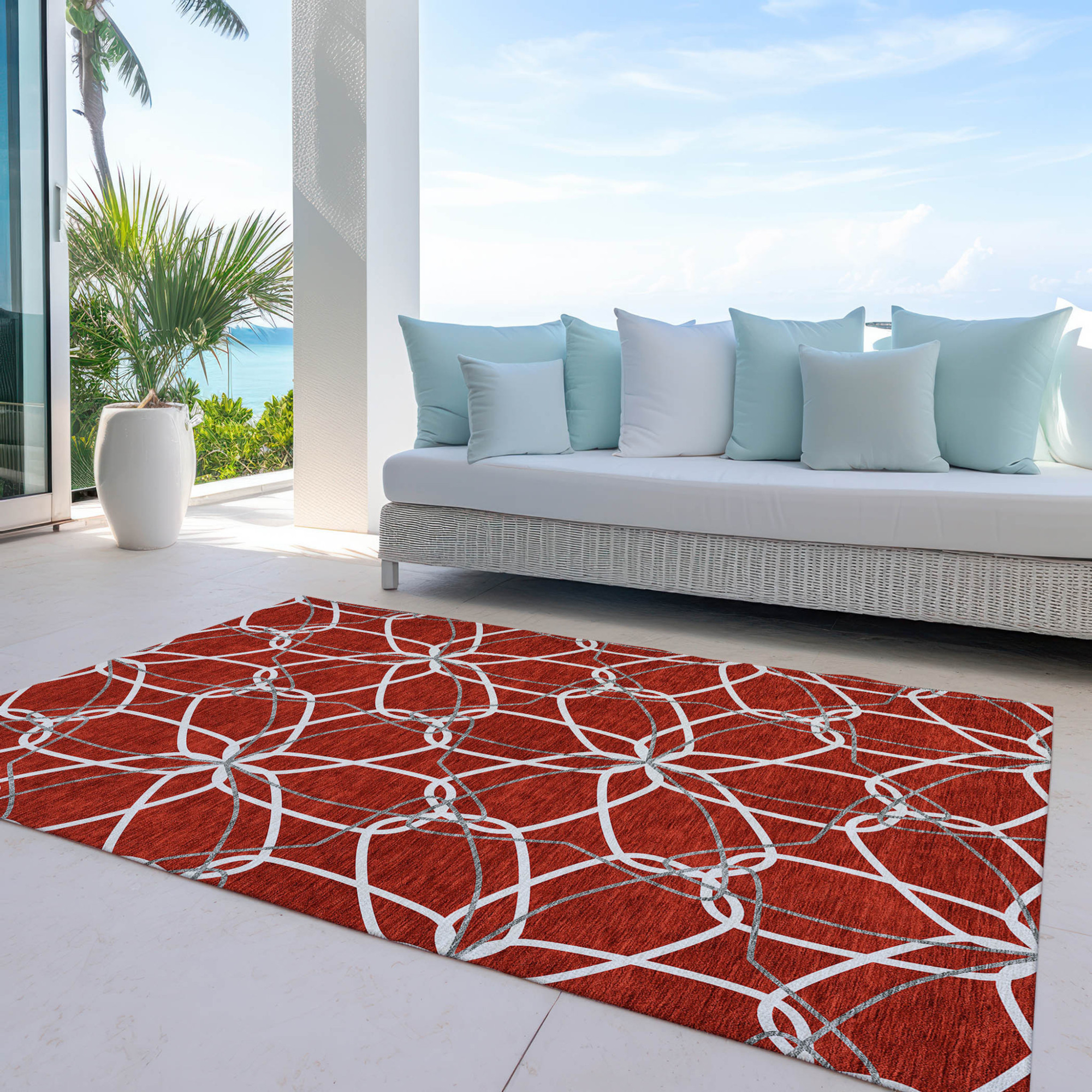 10' X 14' Red And Ivory Geometric Washable Indoor Outdoor Area Rug - 1 - Sports & Outdoor