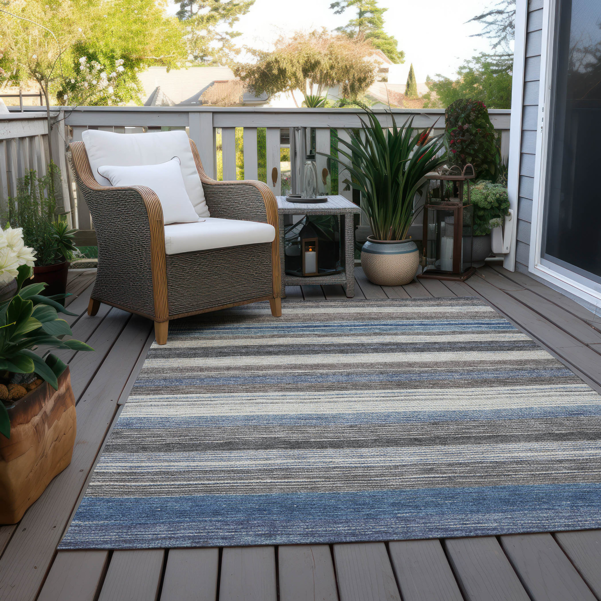 10' X 14' Denim Blue Beige And Taupe Striped Washable Indoor Outdoor Area Rug - 1 - Sports & Outdoor