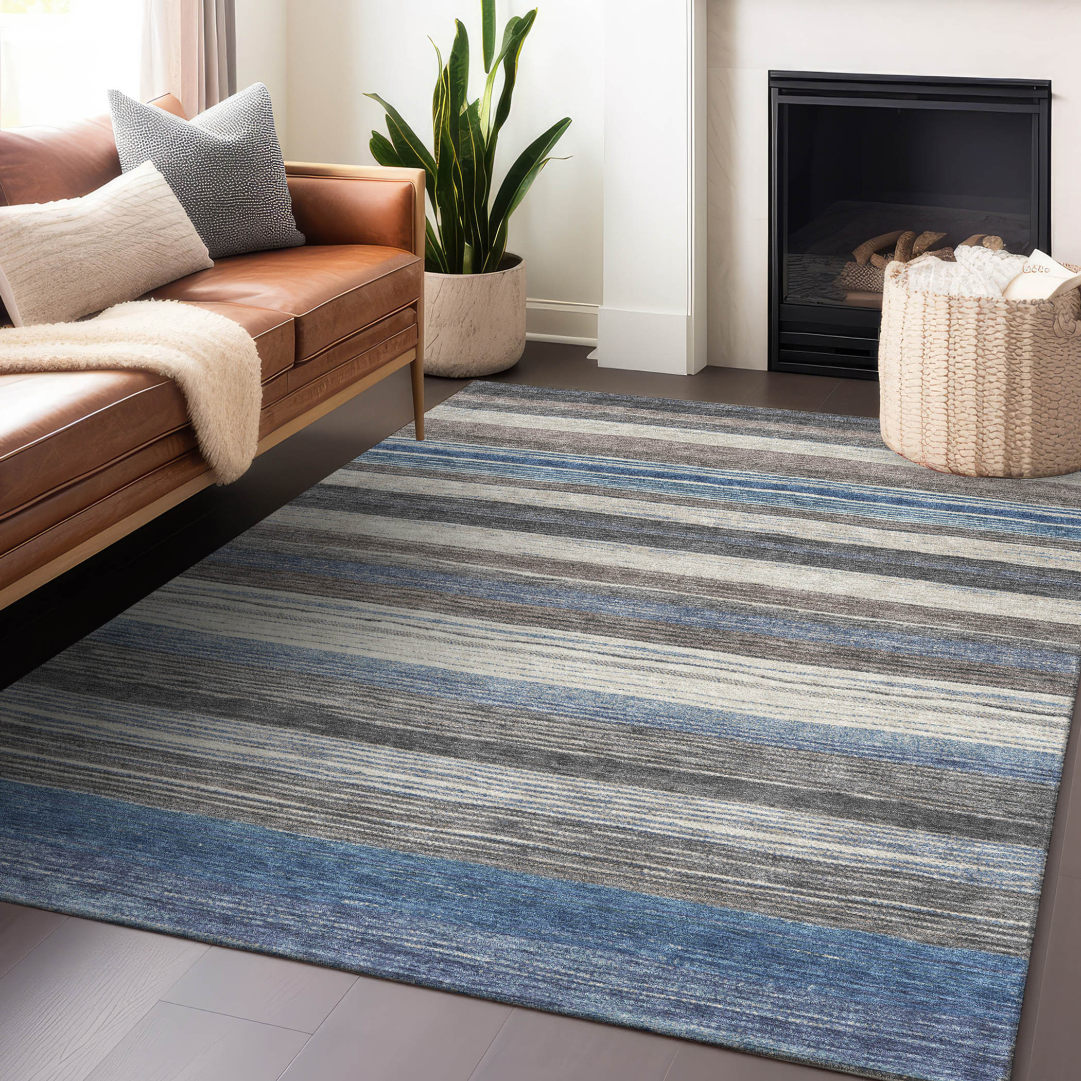 10' X 14' Denim Blue Beige And Taupe Striped Washable Indoor Outdoor Area Rug - 1 - Sports & Outdoor