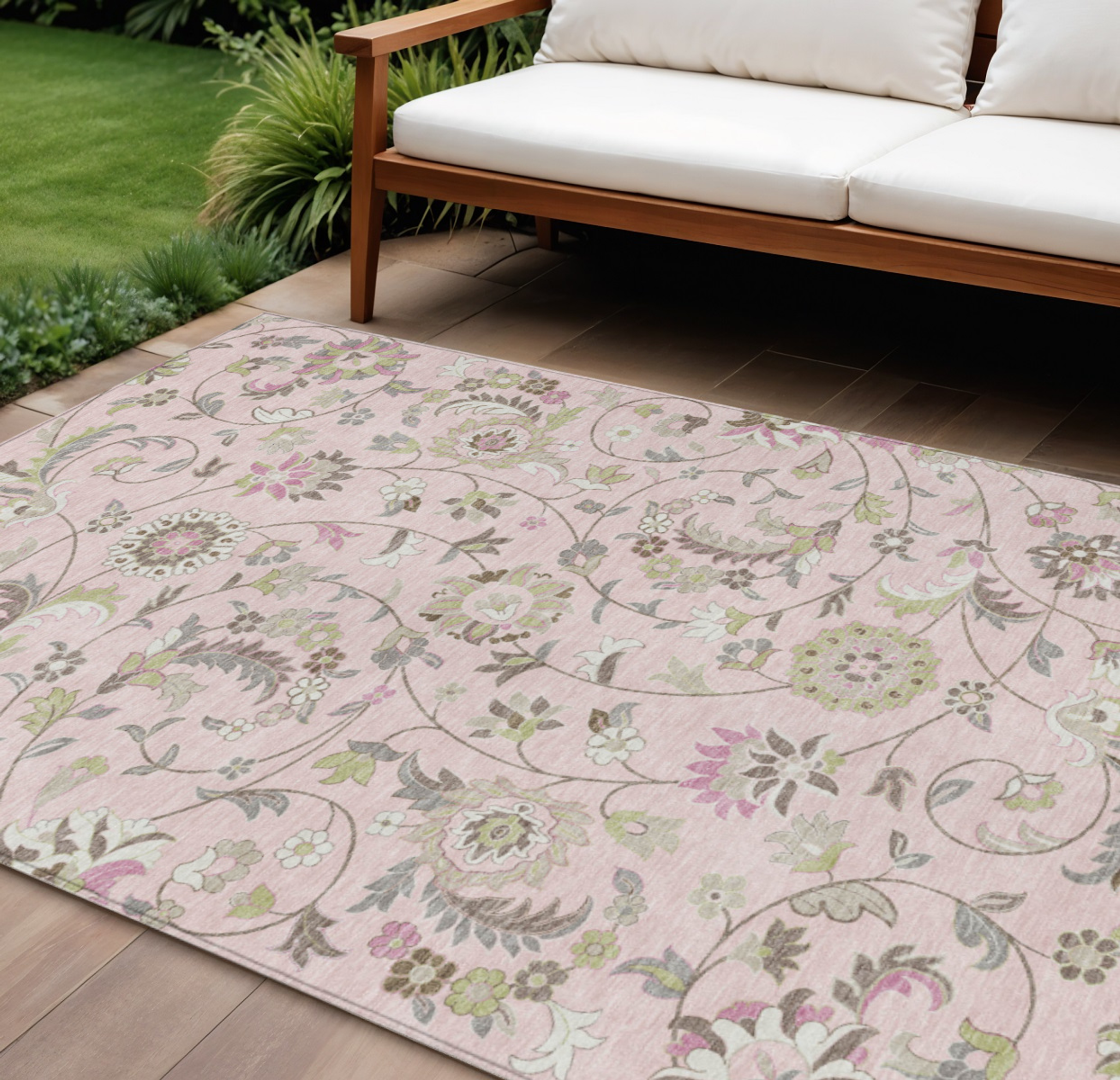 9' X 12' Pink Green And Gray Floral Washable Indoor Outdoor Area Rug Sports & Outdoor