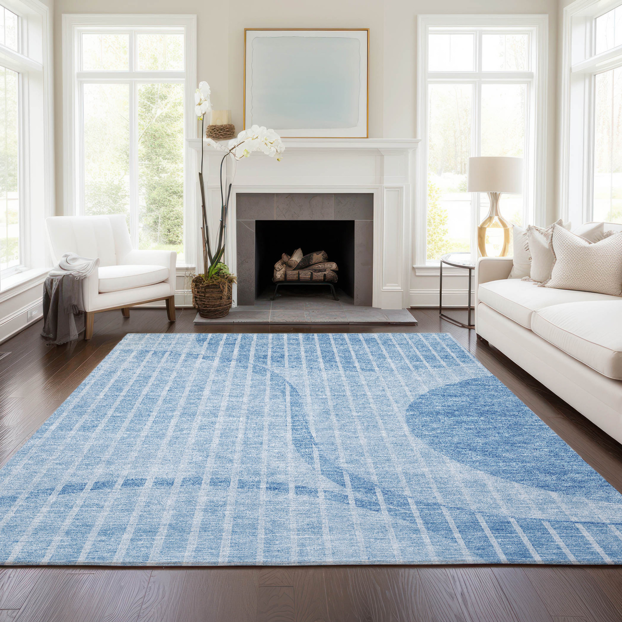 10' X 14' Denim Blue And Sky Blue Striped Washable Indoor Outdoor Area Rug - 1 - Sports & Outdoor