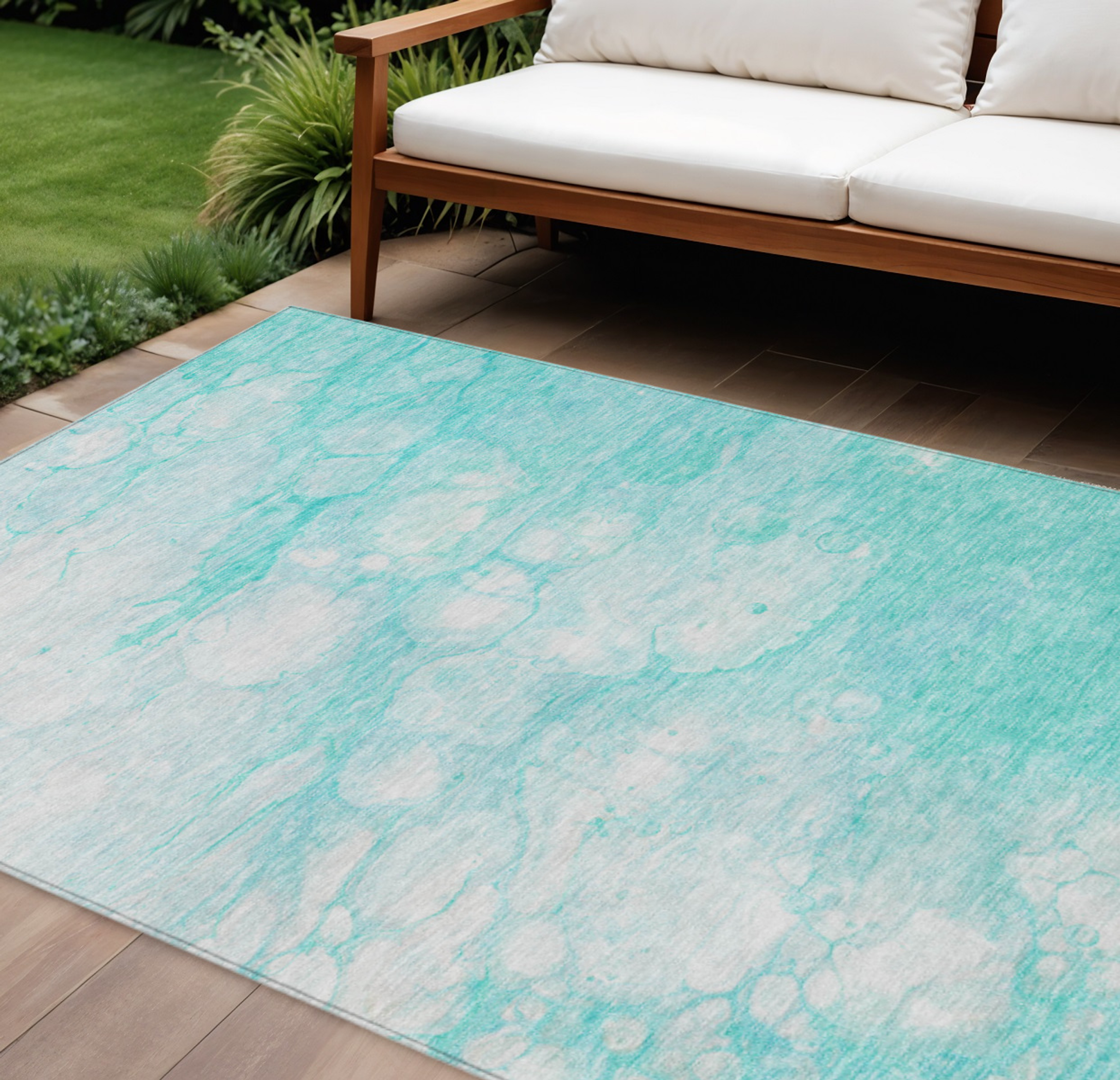 10' X 14' Aqua Ivory And Teal Blue Abstract Washable Indoor Outdoor Area Rug - 1 - Sports & Outdoor