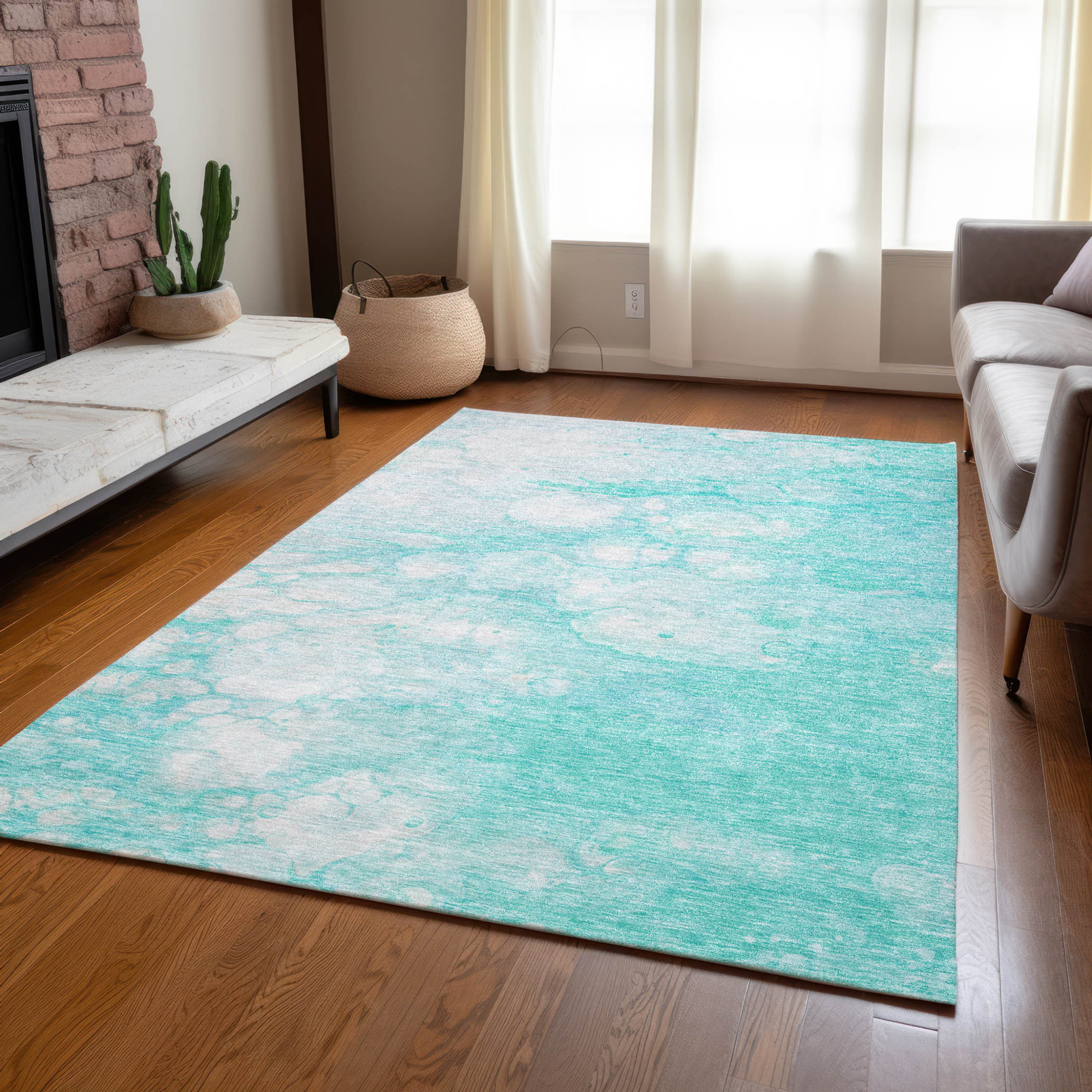 10' X 14' Aqua Ivory And Teal Blue Abstract Washable Indoor Outdoor Area Rug - 1 - Sports & Outdoor