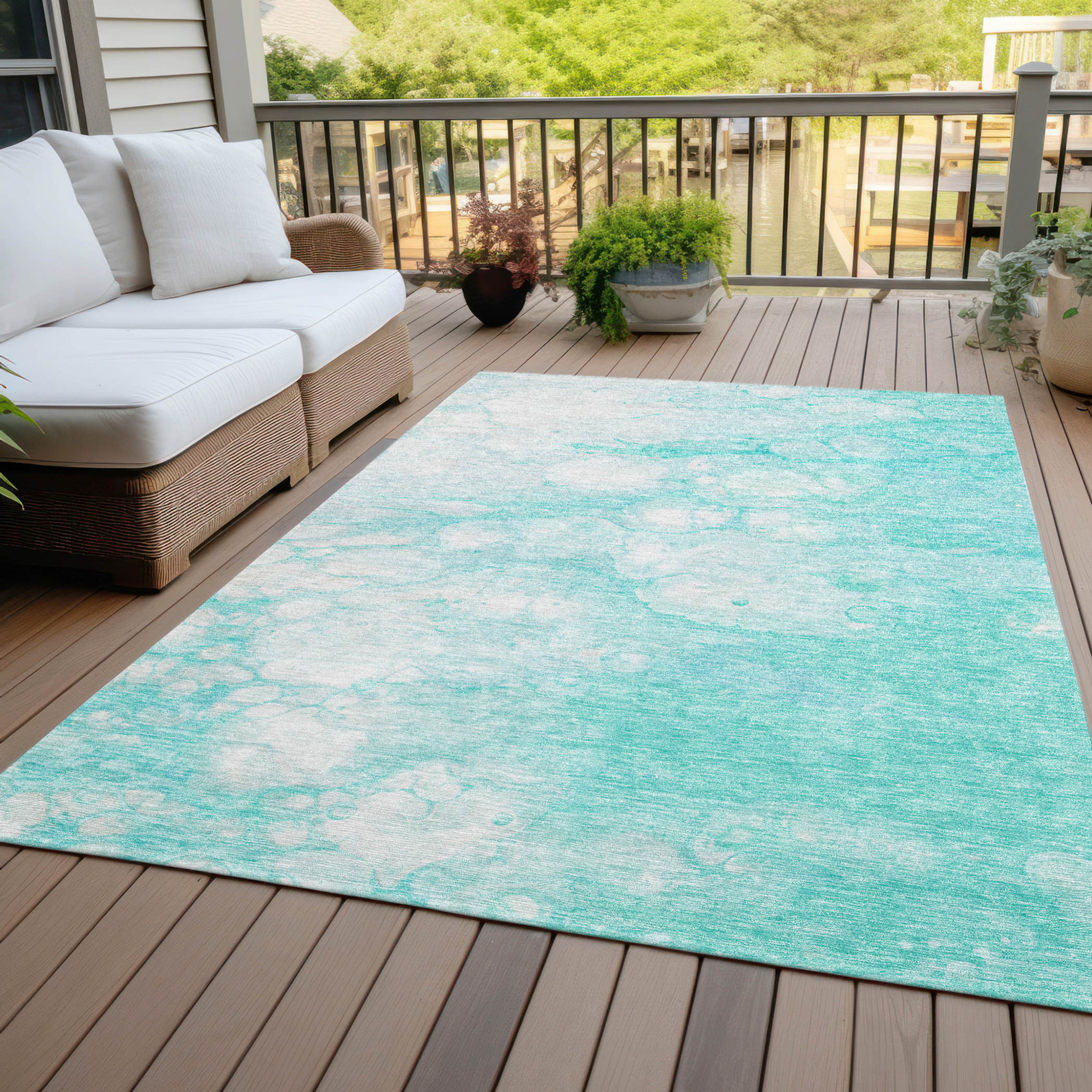 10' X 14' Aqua Ivory And Teal Blue Abstract Washable Indoor Outdoor Area Rug - 1 - Sports & Outdoor