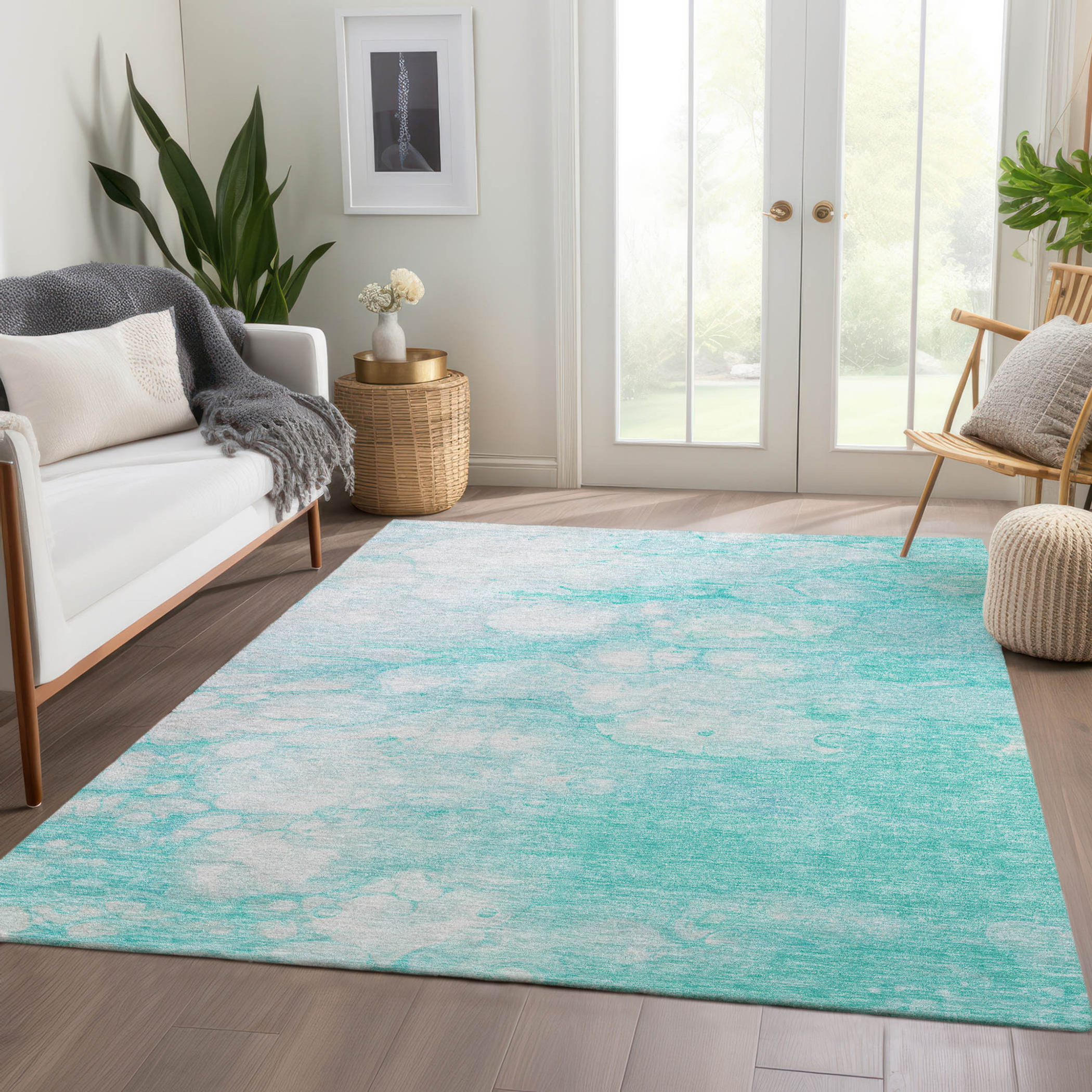 10' X 14' Aqua Ivory And Teal Blue Abstract Washable Indoor Outdoor Area Rug - 1 - Sports & Outdoor
