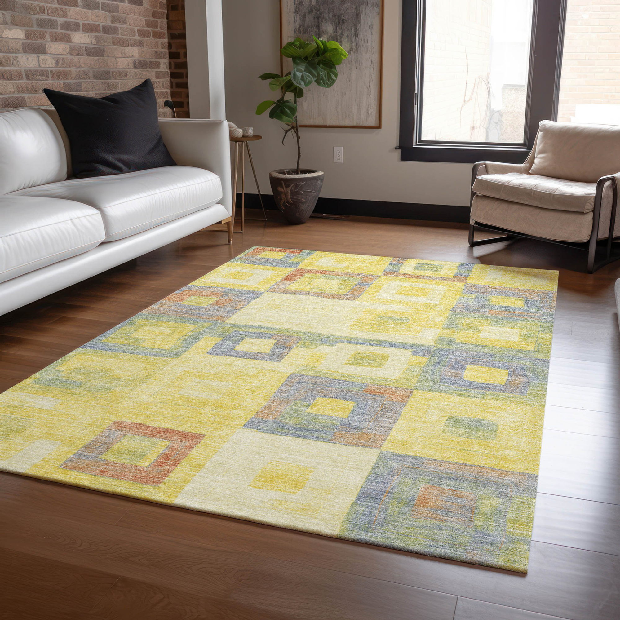 10' X 14' Yellow Blue And Terra Cotta Geometric Washable Indoor Outdoor Area Rug - 1 - Sports & Outdoor