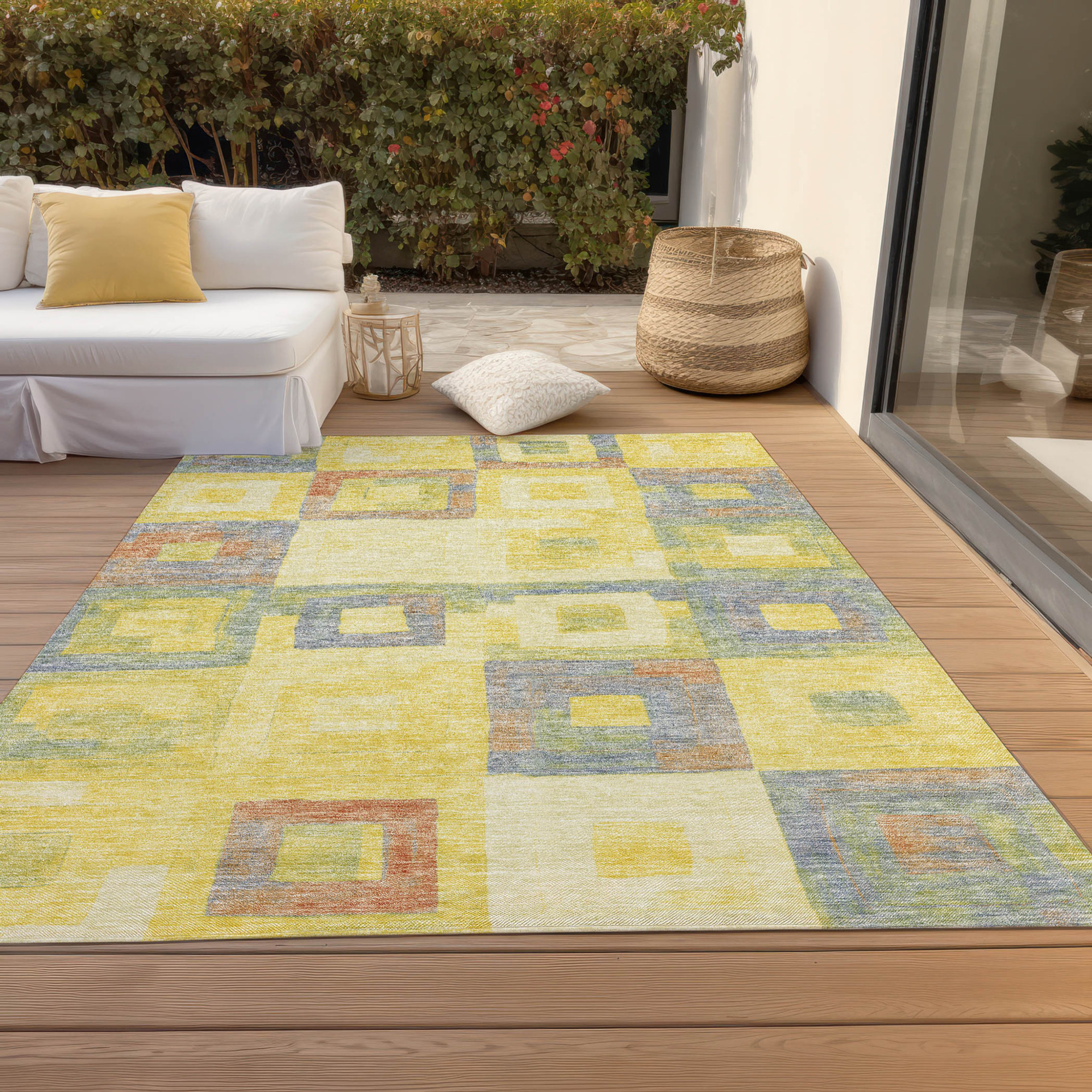 10' X 14' Yellow Blue And Terra Cotta Geometric Washable Indoor Outdoor Area Rug - 1 - Sports & Outdoor