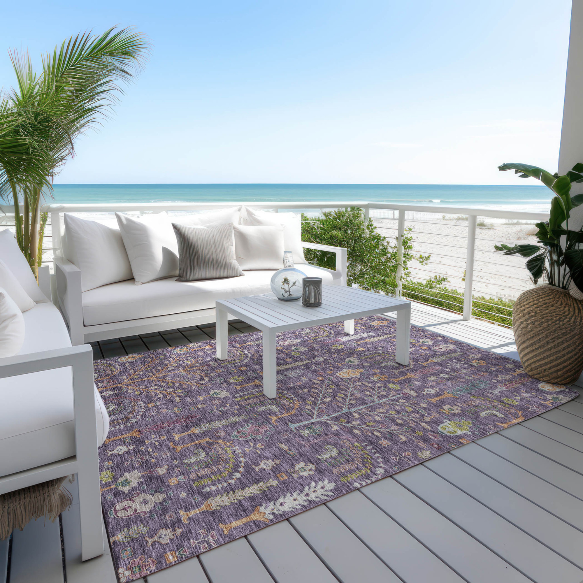 10' X 14' Eggplant Terra Cotta And Green Floral Washable Indoor Outdoor Area Rug - 1 - Sports & Outdoor
