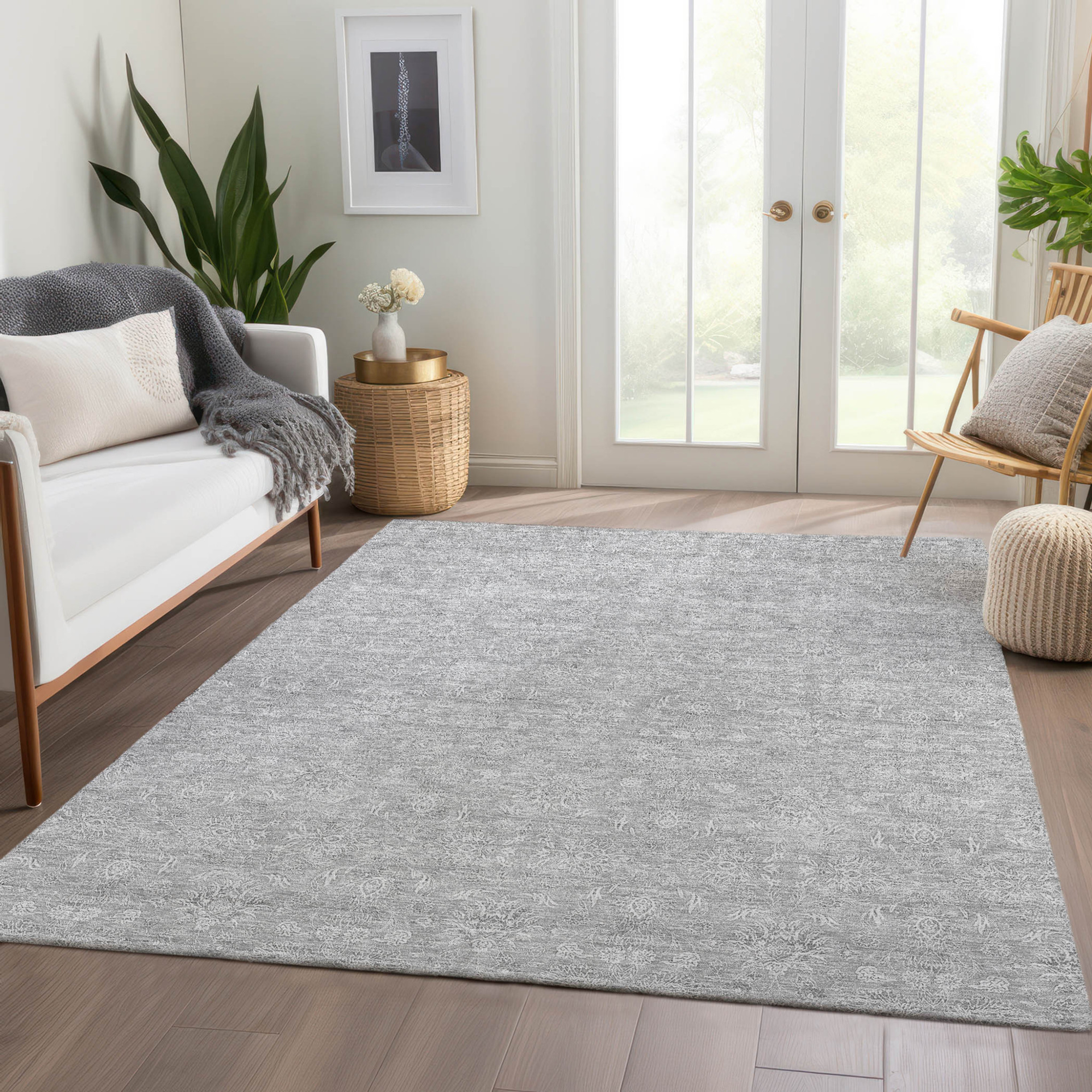 10' X 14' Silver Gray And Ivory Floral Washable Indoor Outdoor Area Rug - 1 - Sports & Outdoor