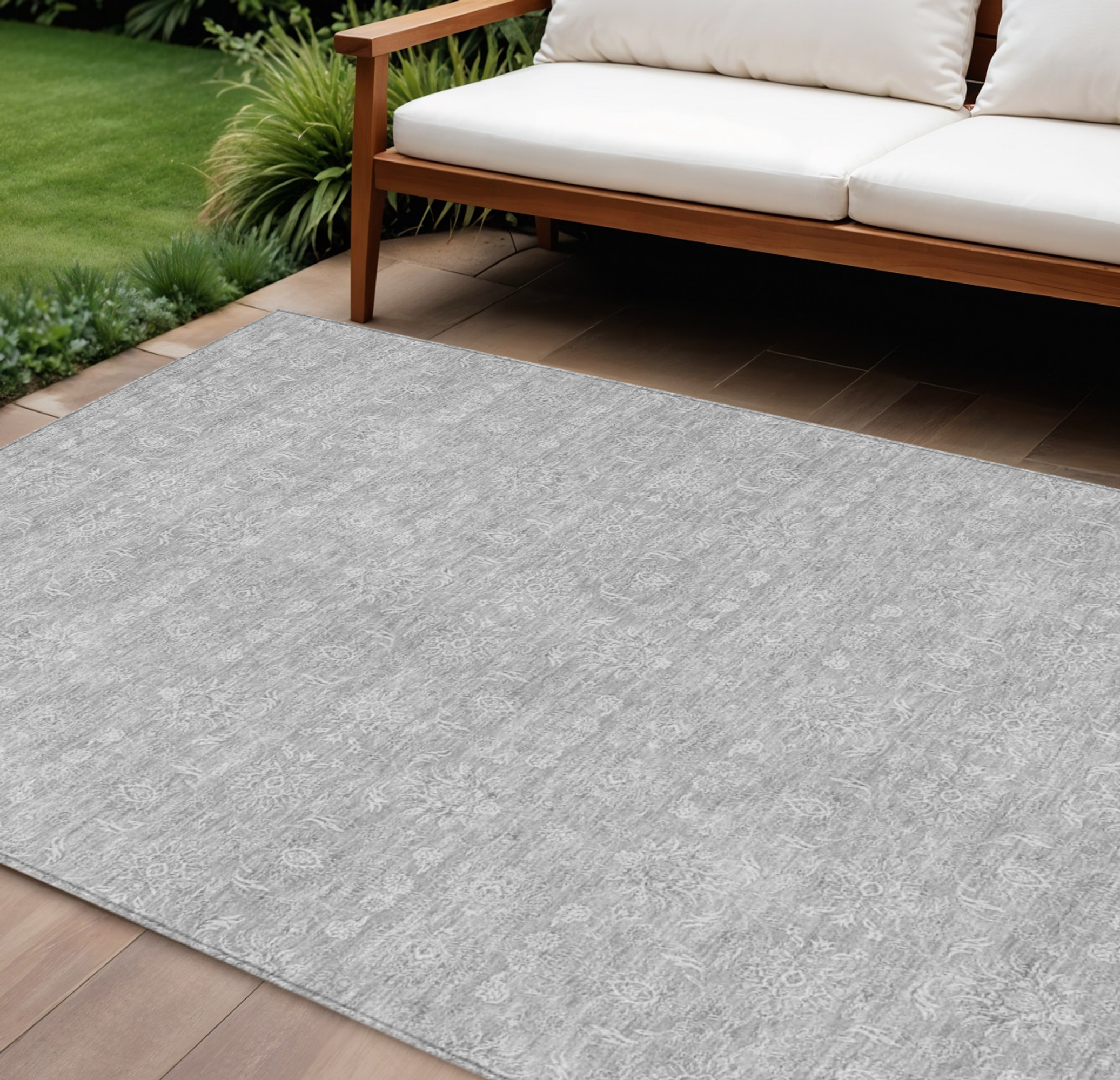 10' X 14' Silver Gray And Ivory Floral Washable Indoor Outdoor Area Rug - 1 - Sports & Outdoor