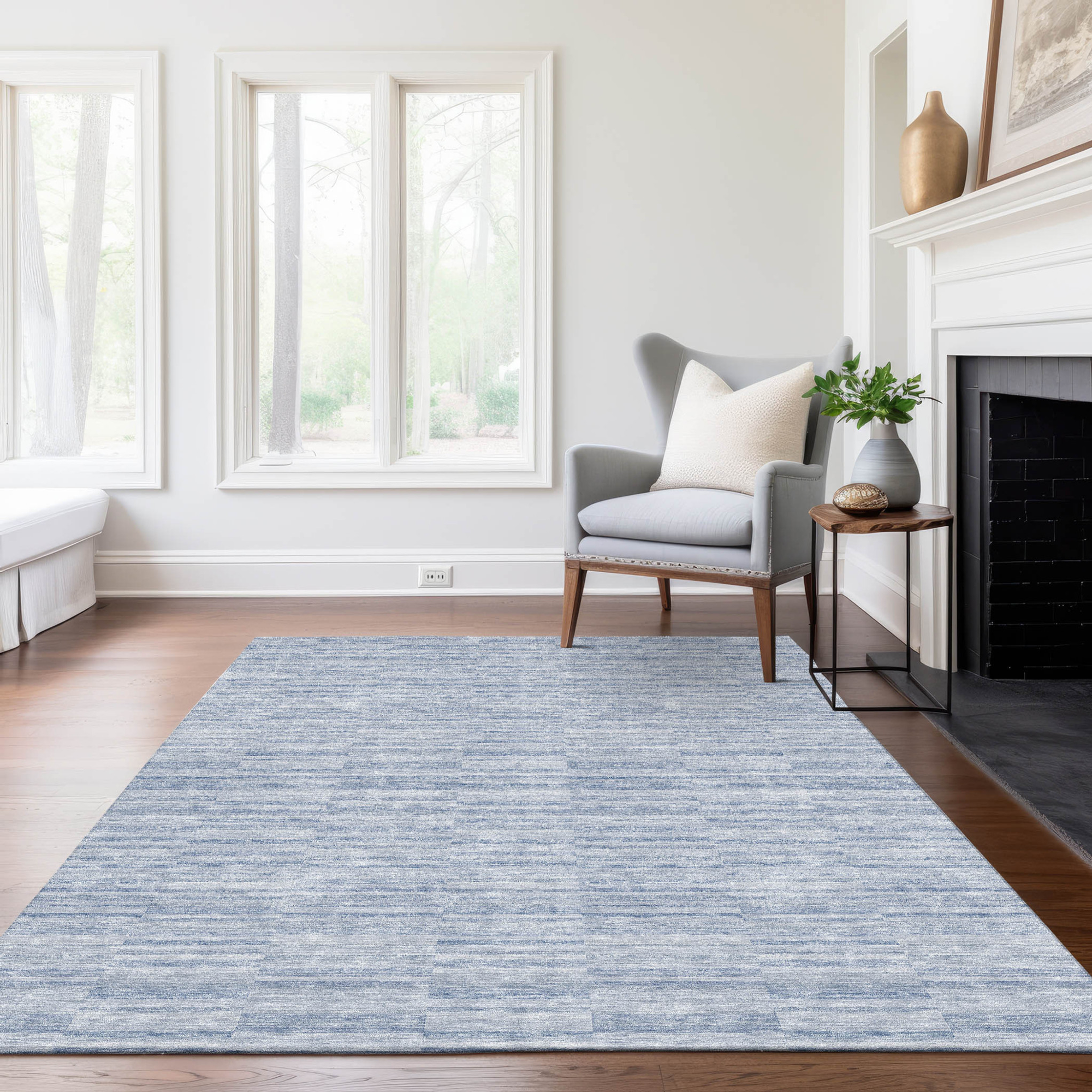 10' X 14' Sky Blue And Denim Blue Striped Washable Indoor Outdoor Area Rug - 1 - Sports & Outdoor
