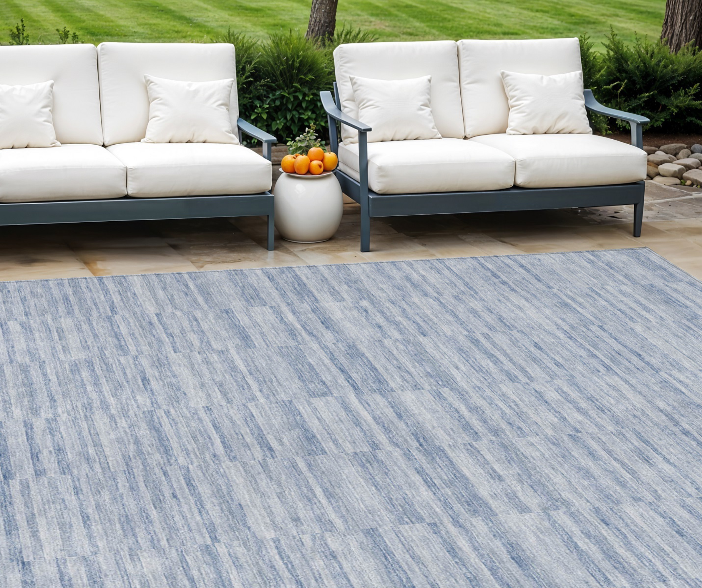 10' X 14' Sky Blue And Denim Blue Striped Washable Indoor Outdoor Area Rug - 1 - Sports & Outdoor