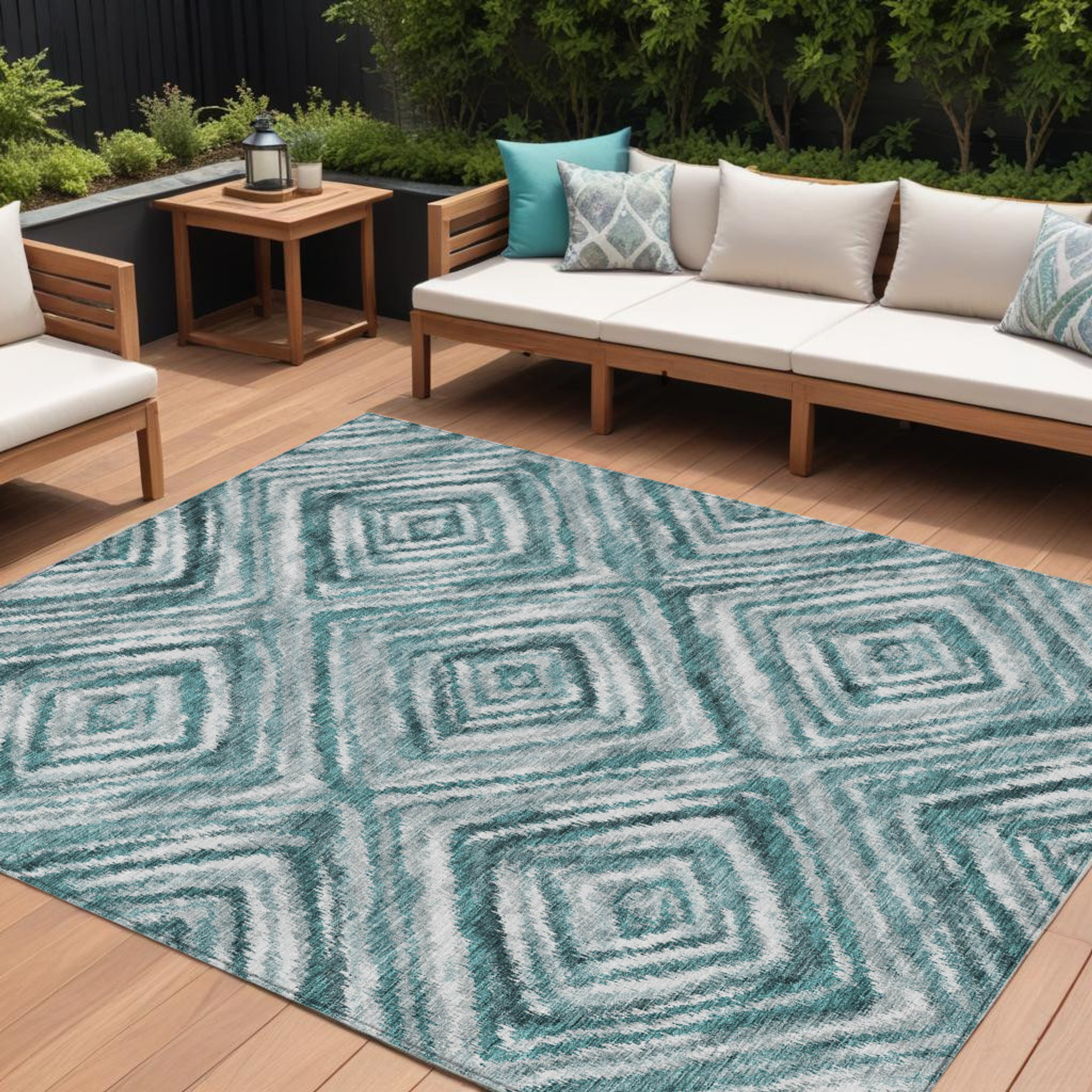 10' X 14' Teal Blue Aqua And Gray Geometric Washable Indoor Outdoor Area Rug - 1 - Sports & Outdoor