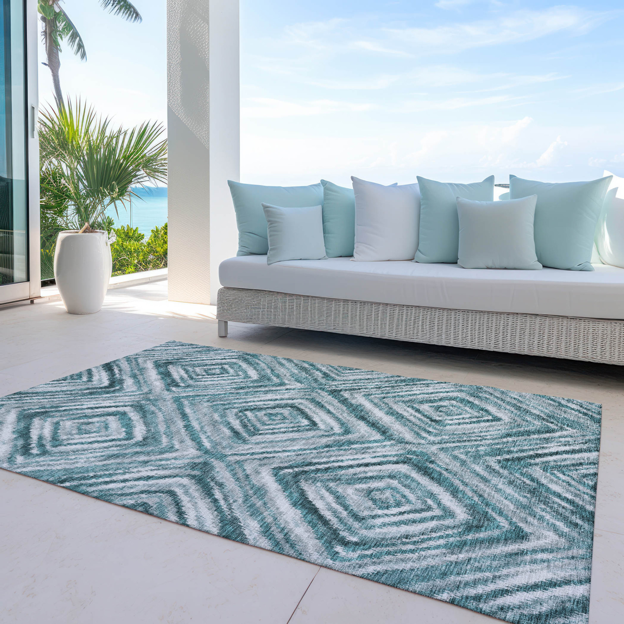 10' X 14' Teal Blue Aqua And Gray Geometric Washable Indoor Outdoor Area Rug - 1 - Sports & Outdoor