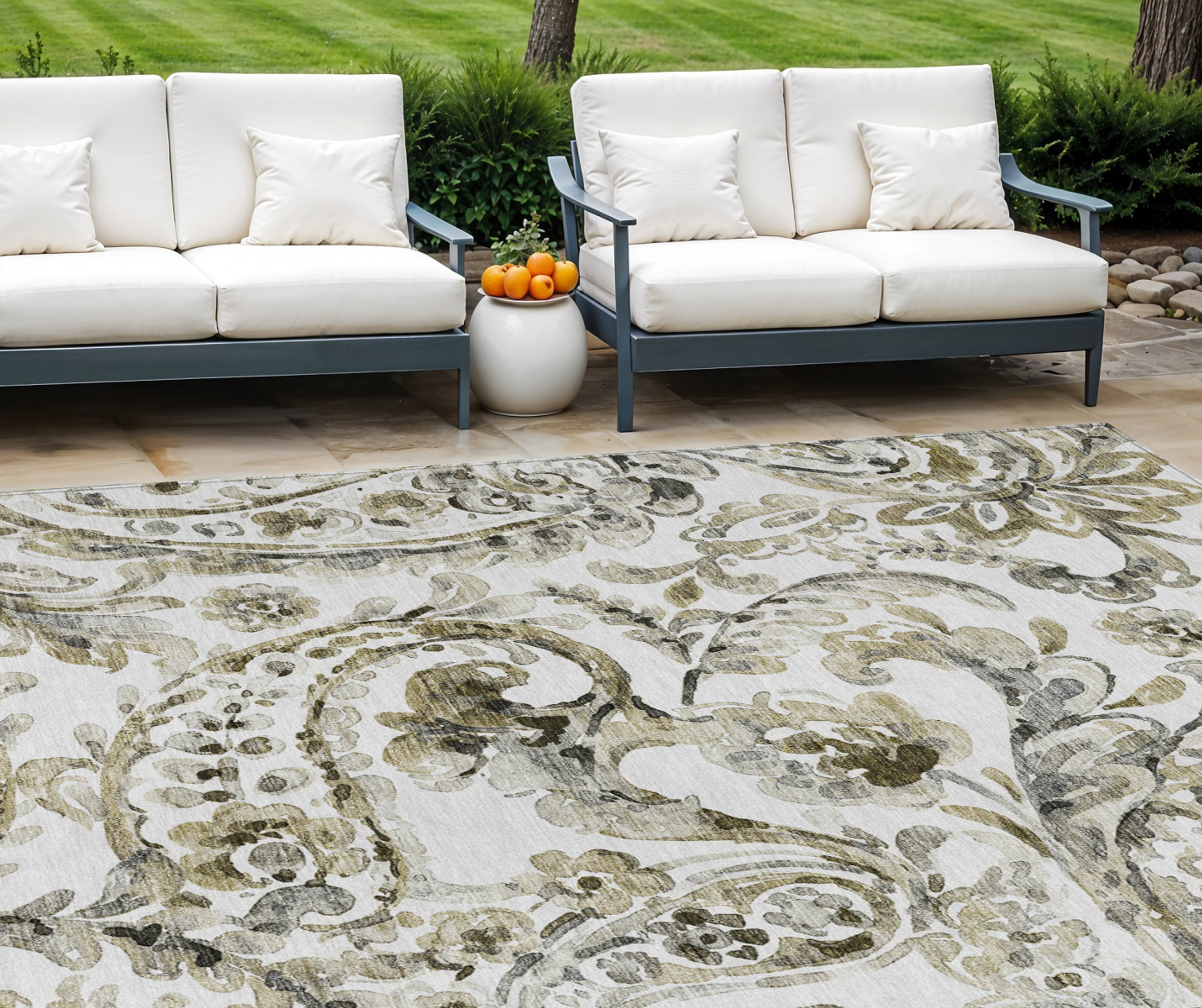 10' X 14' Brown Ivory And Tan Paisley Washable Indoor Outdoor Area Rug - 1 - Sports & Outdoor