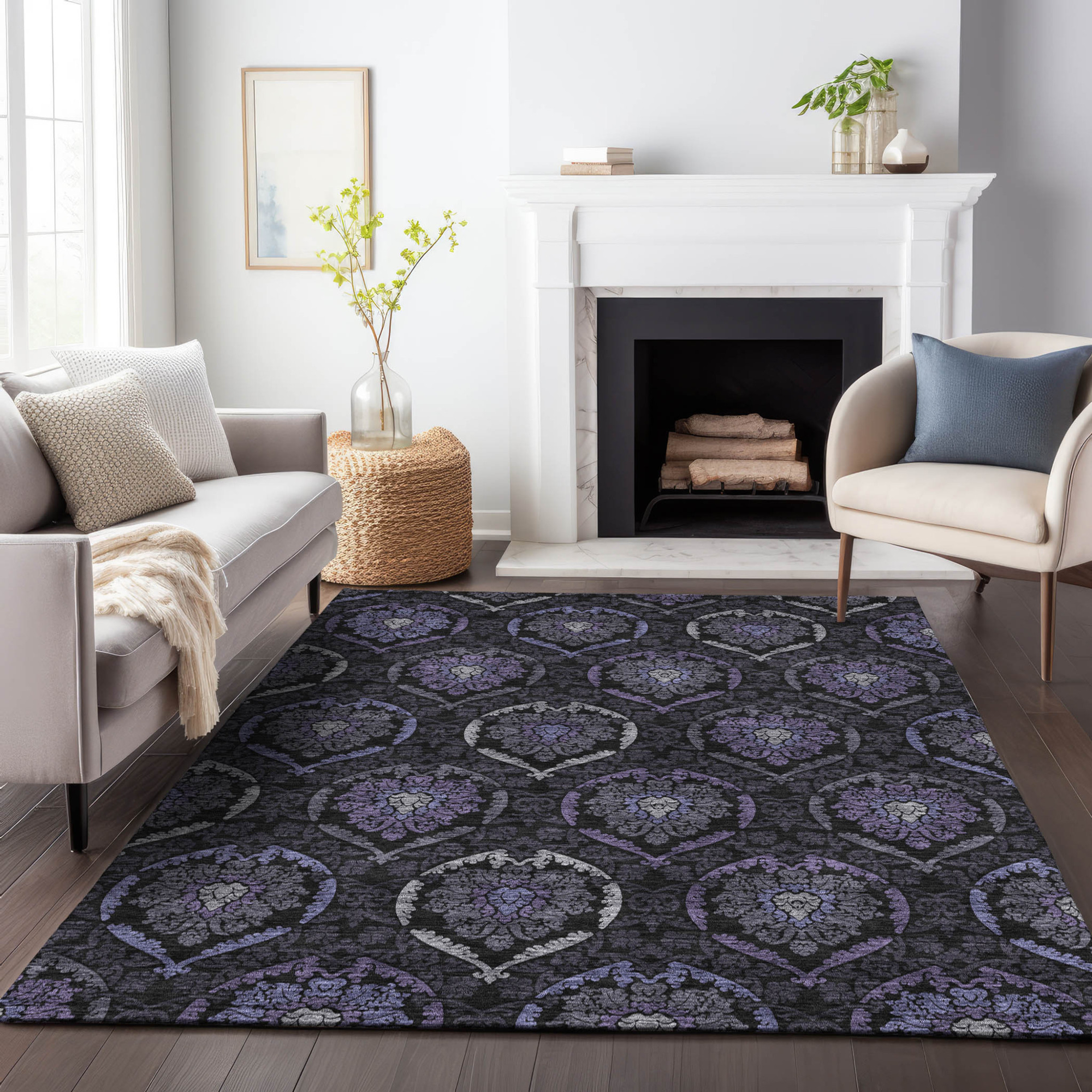 10' X 14' Purple Charcoal And Gray Medallion Washable Indoor Outdoor Area Rug - 1 - Sports & Outdoor