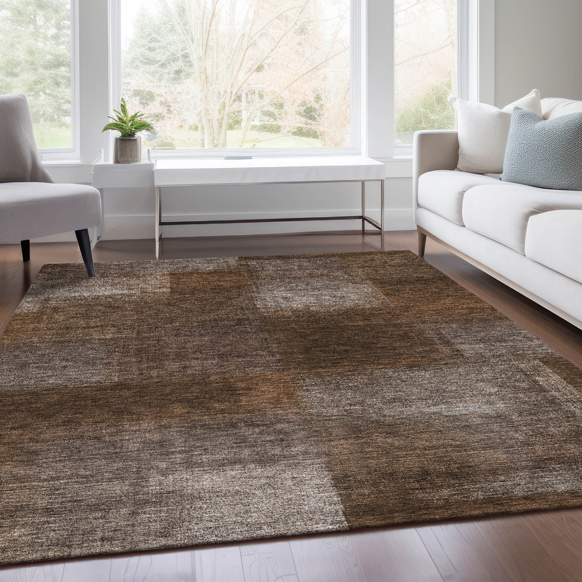 10' X 14' Brown And Ivory Abstract Washable Indoor Outdoor Area Rug - 1 - Sports & Outdoor