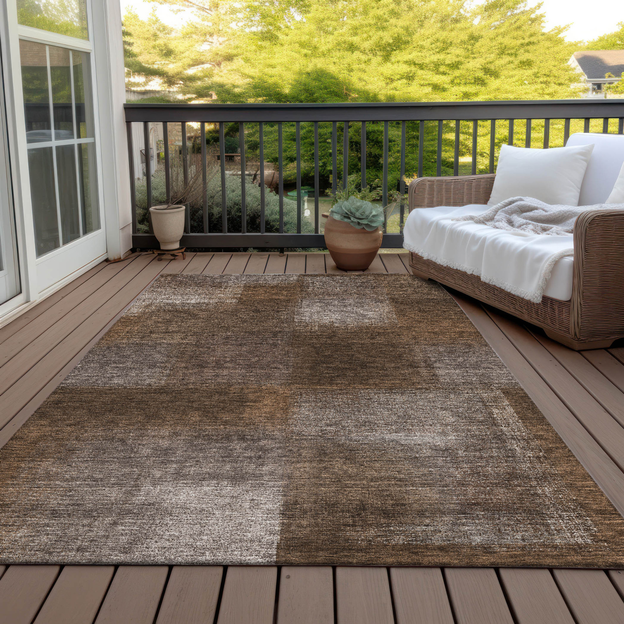 10' X 14' Brown And Ivory Abstract Washable Indoor Outdoor Area Rug - 1 - Sports & Outdoor