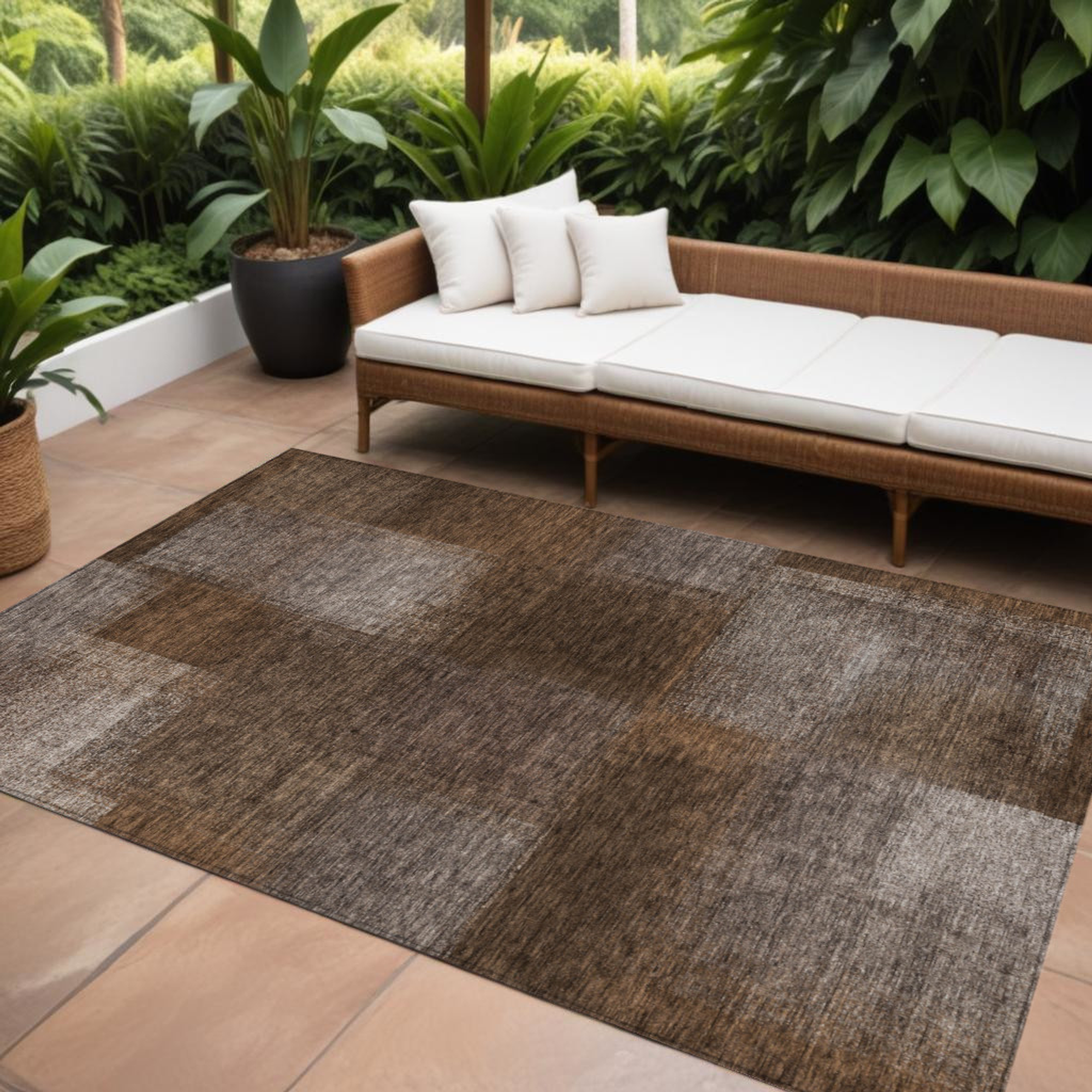 10' X 14' Brown And Ivory Abstract Washable Indoor Outdoor Area Rug - 1 - Sports & Outdoor