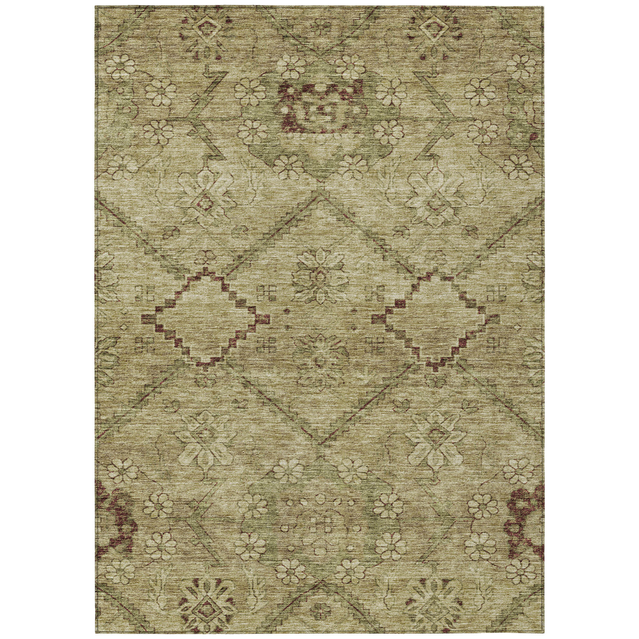 10' X 14' Brown Beige And Artichoke Green Floral Washable Indoor Outdoor Area Rug - 1 - Sports & Outdoor