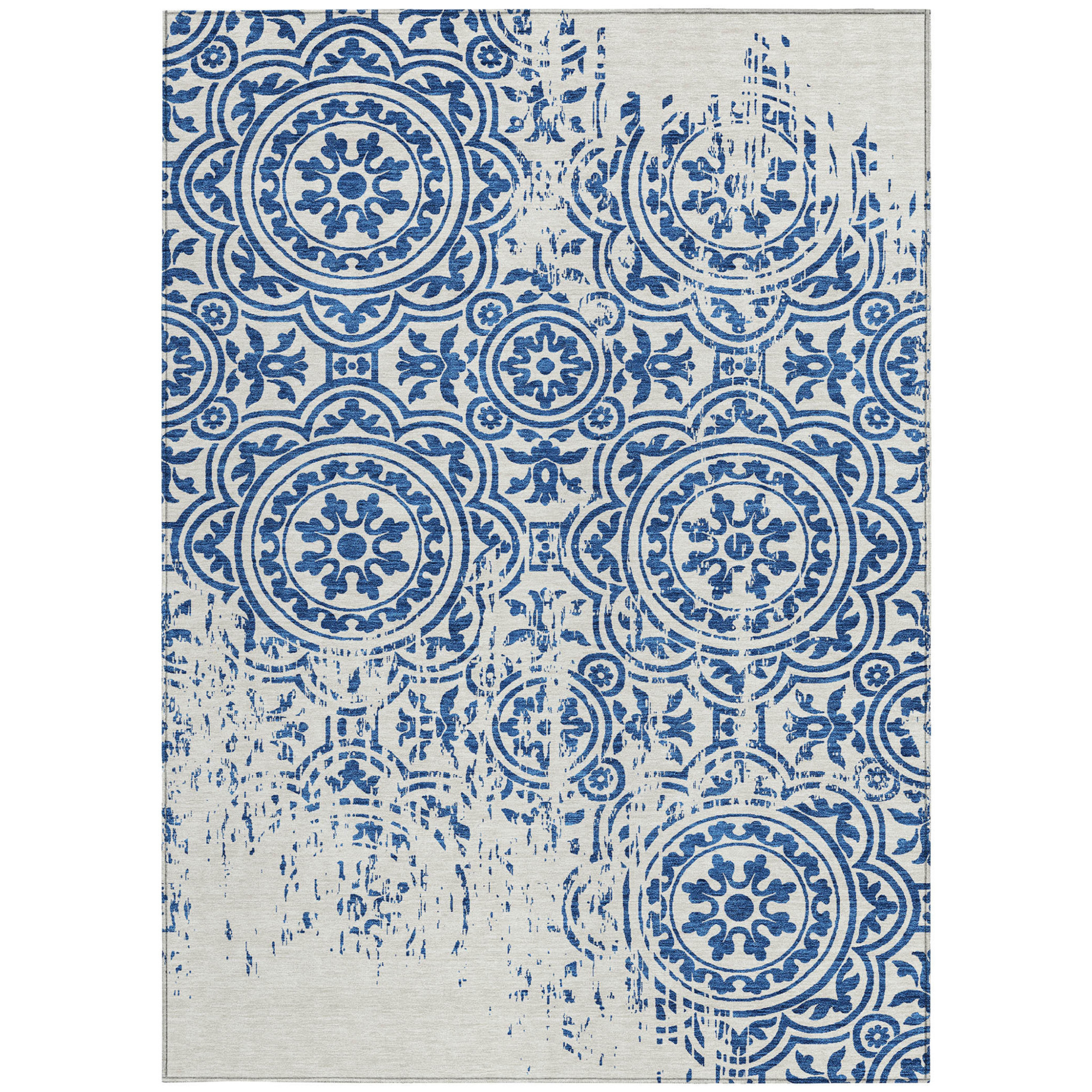 10' X 14' Navy Blue And Ivory Medallion Washable Indoor Outdoor Area Rug - 1 - Sports & Outdoor