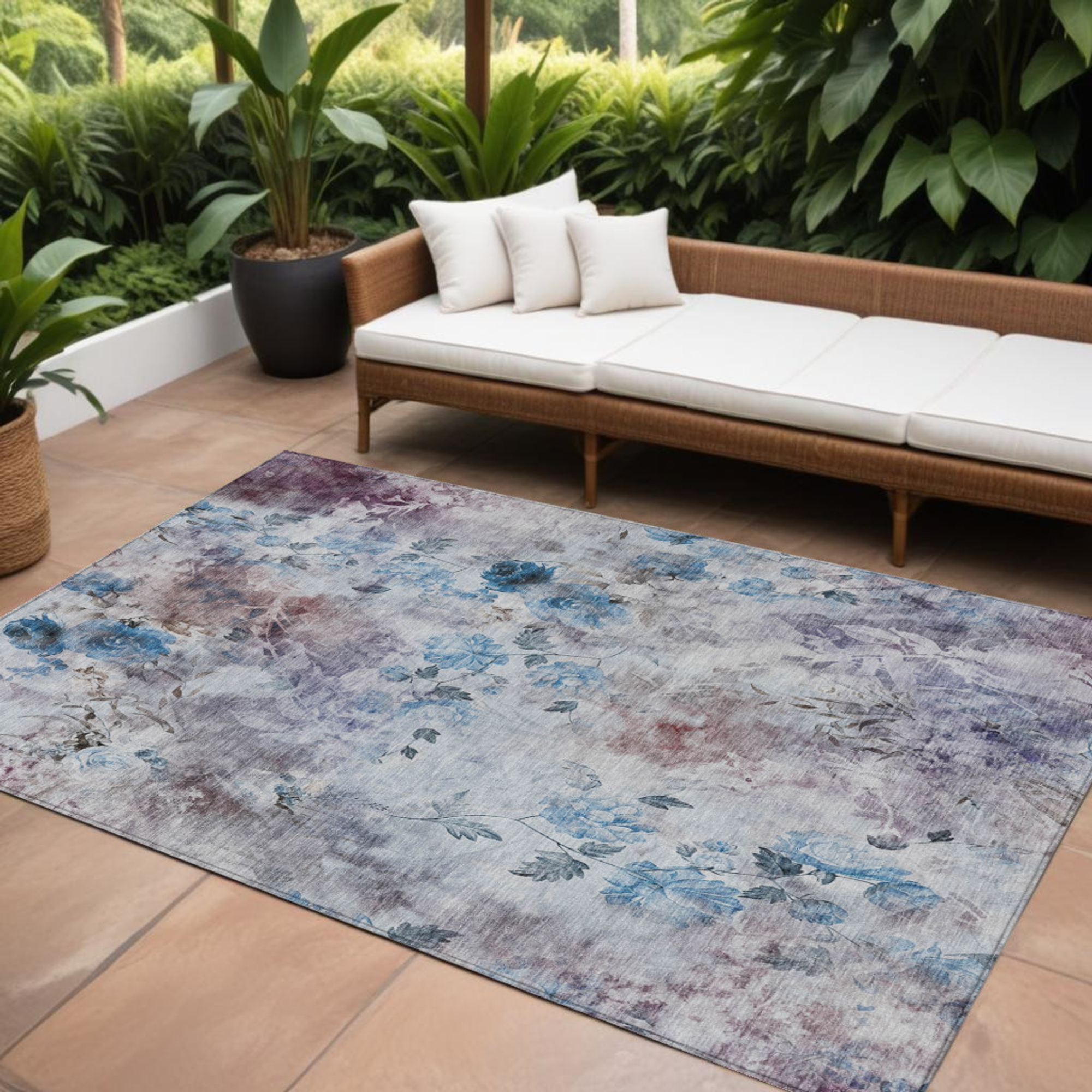 10' X 14' Navy Blue And Sky Blue Floral Washable Indoor Outdoor Area Rug - 1 - Sports & Outdoor