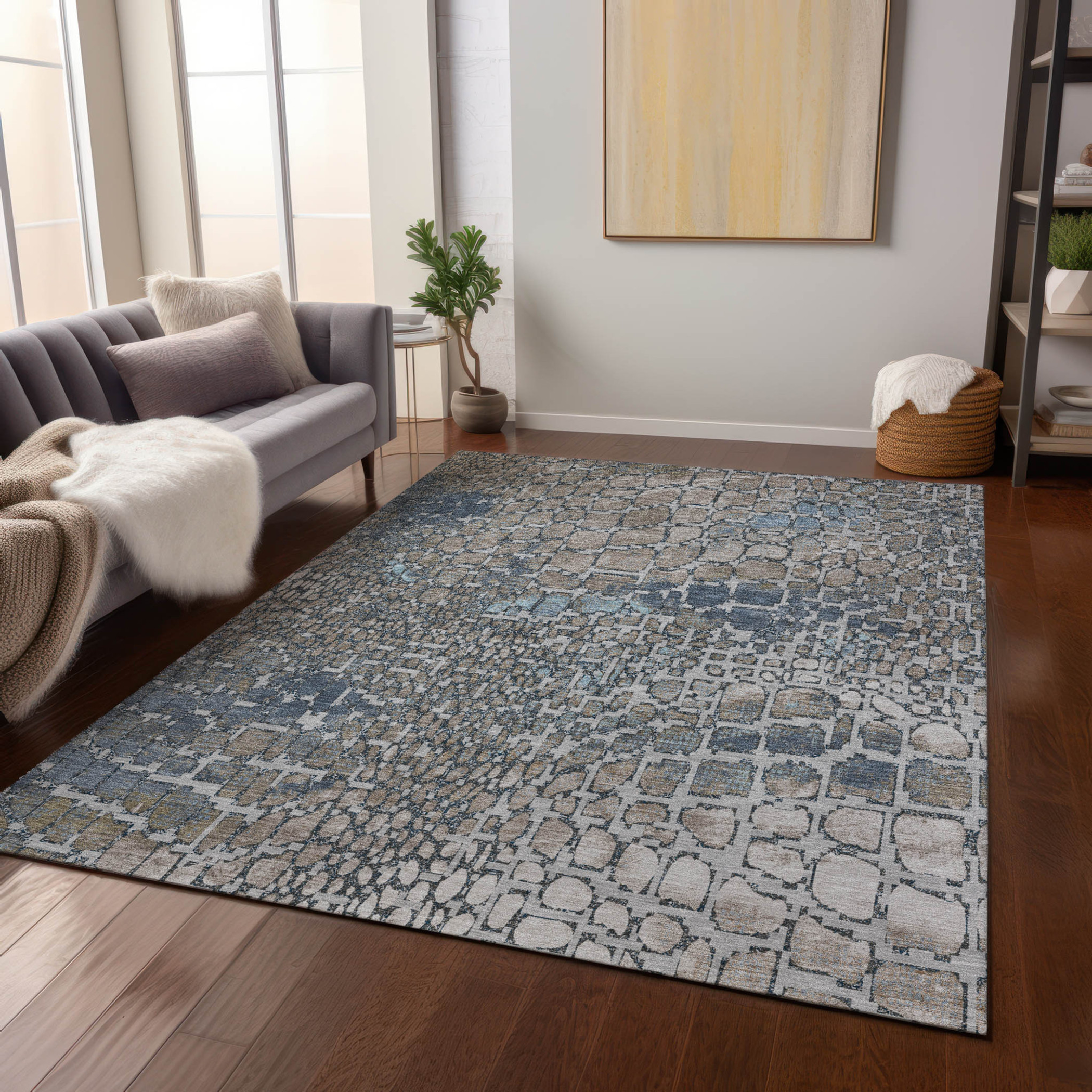 9' X 12' Silver Blue And Brown Abstract Washable Indoor Outdoor Area Rug Sports & Outdoor