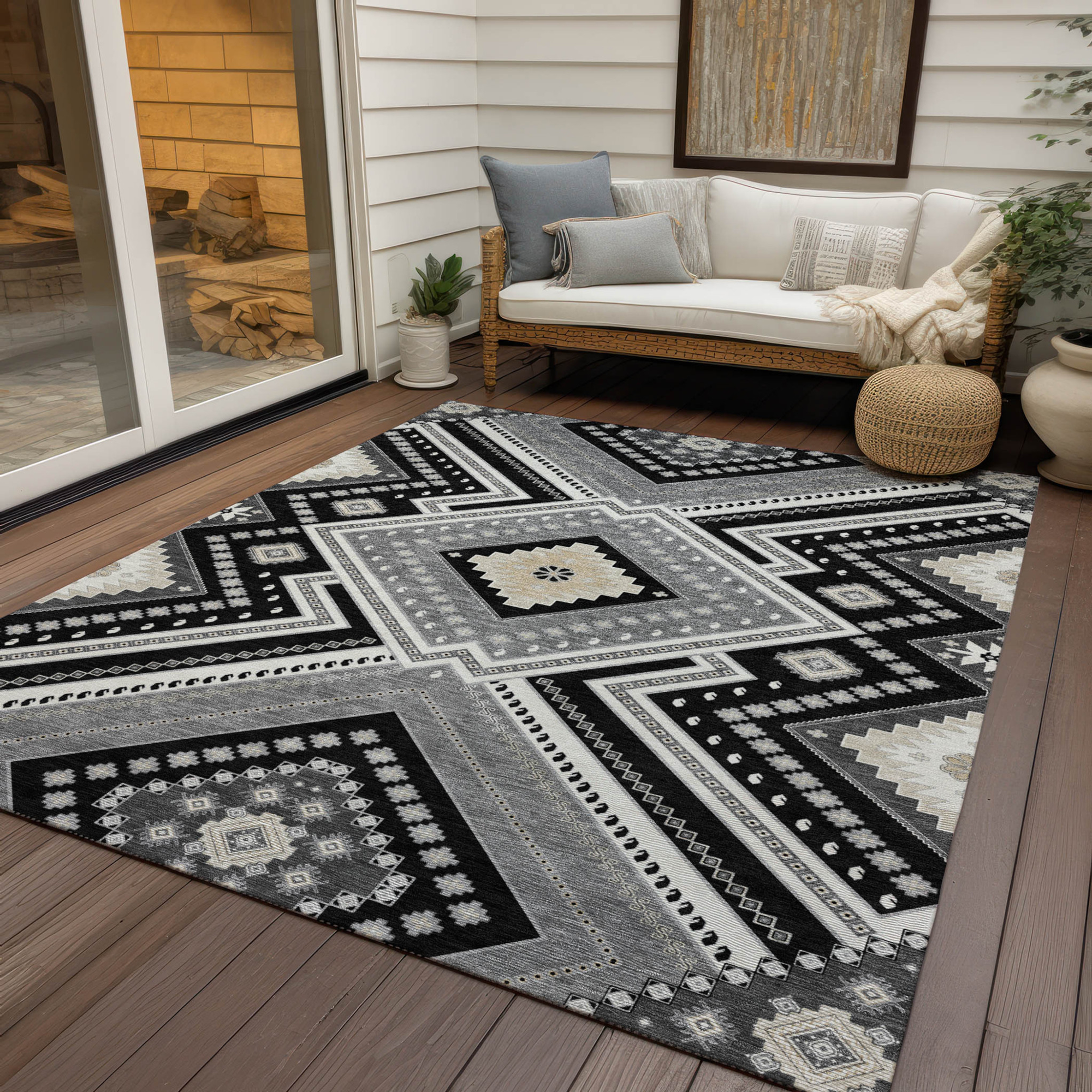 10' X 14' Black Gray And Ivory Tribal Washable Indoor Outdoor Area Rug - 1 - Sports & Outdoor