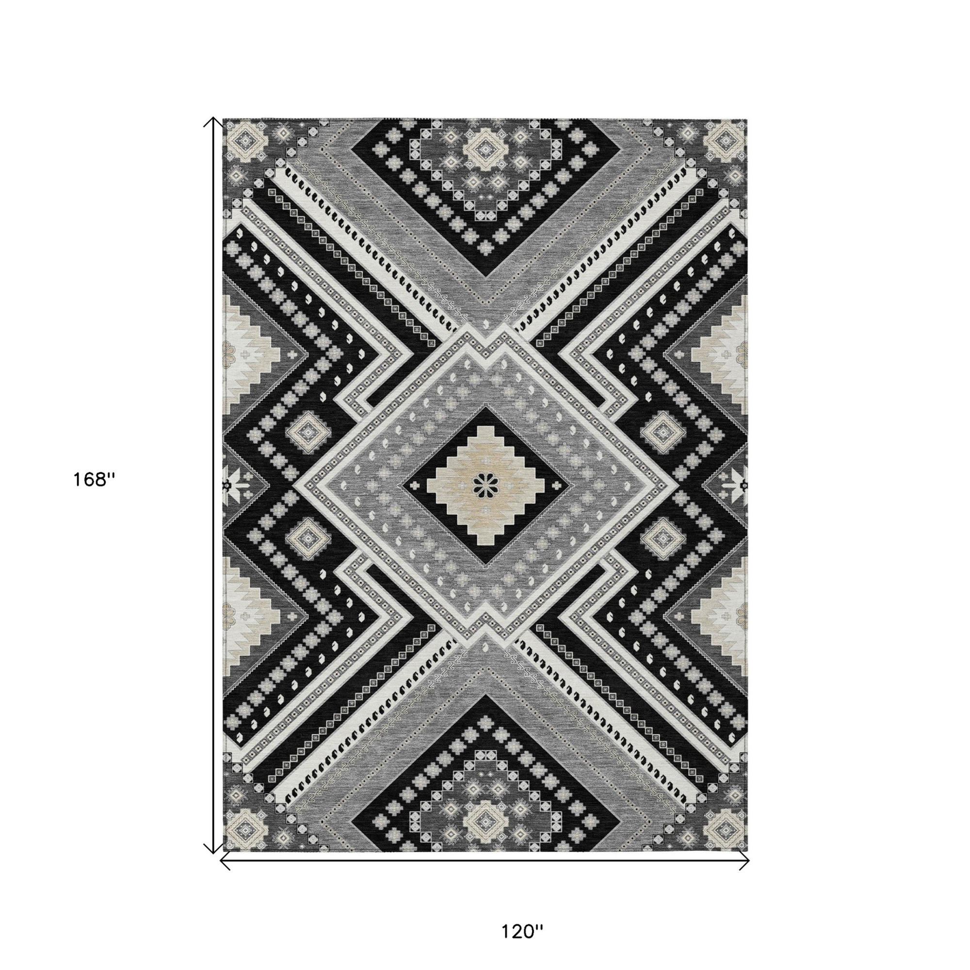 10' X 14' Black Gray And Ivory Tribal Washable Indoor Outdoor Area Rug - 1 - Sports & Outdoor