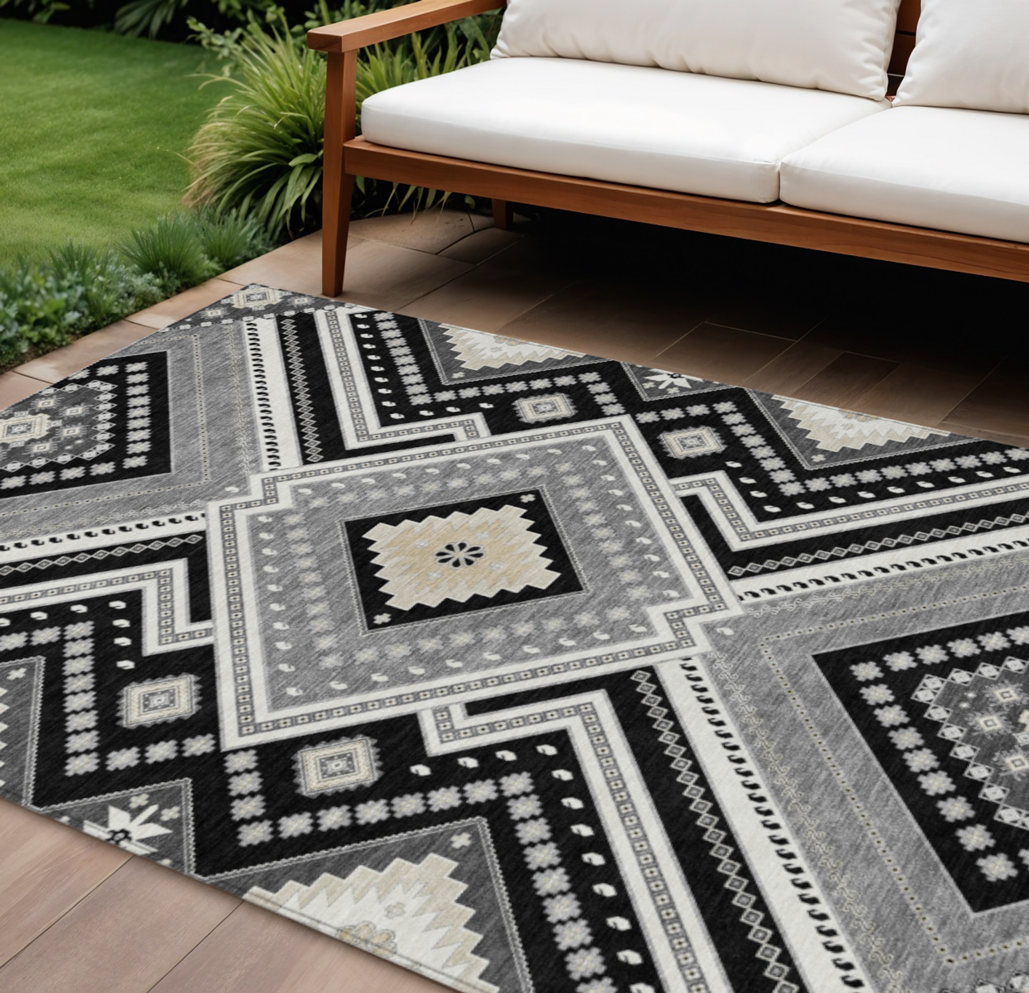 10' X 14' Black Gray And Ivory Tribal Washable Indoor Outdoor Area Rug - 1 - Sports & Outdoor