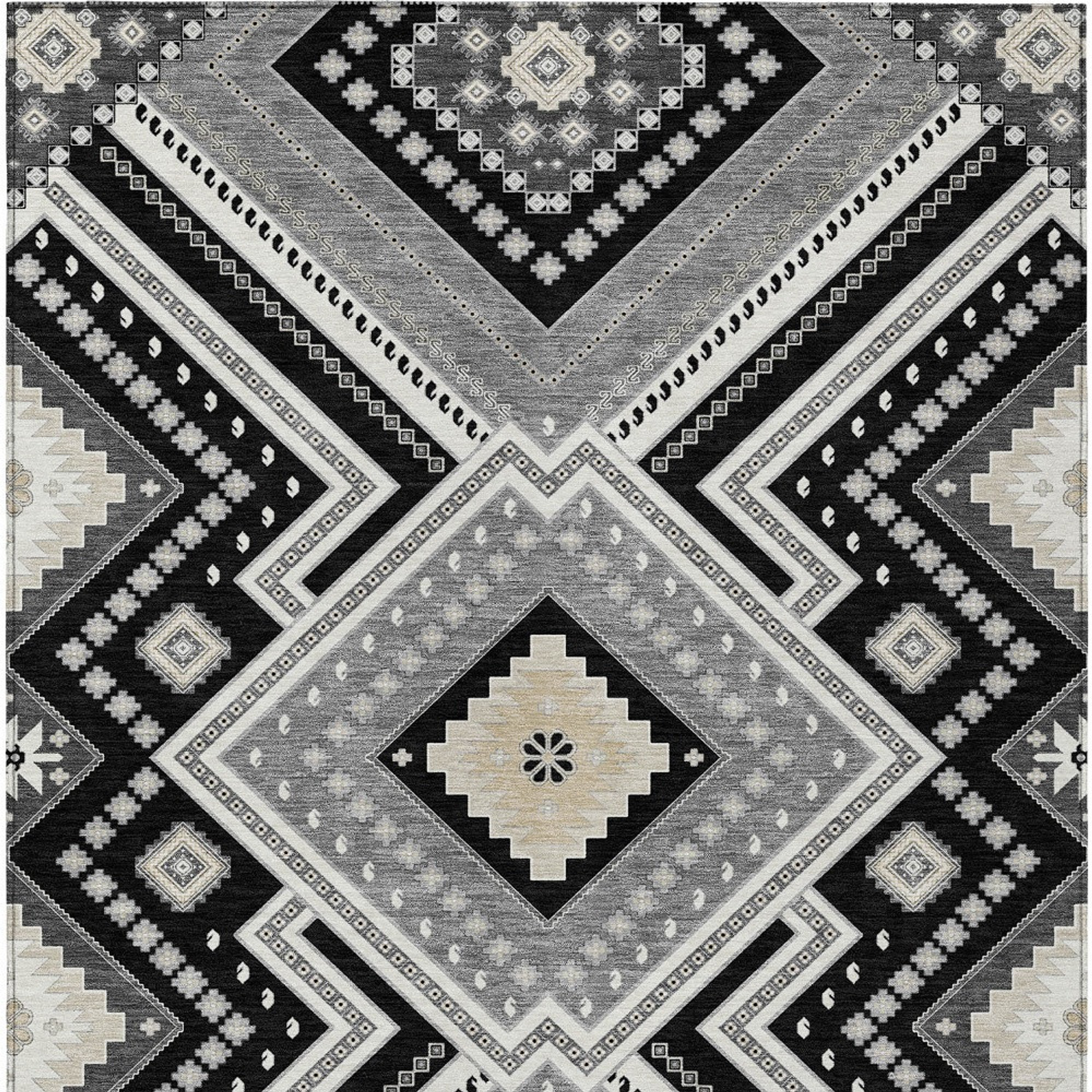 10' X 14' Black Gray And Ivory Tribal Washable Indoor Outdoor Area Rug - 1 - Sports & Outdoor