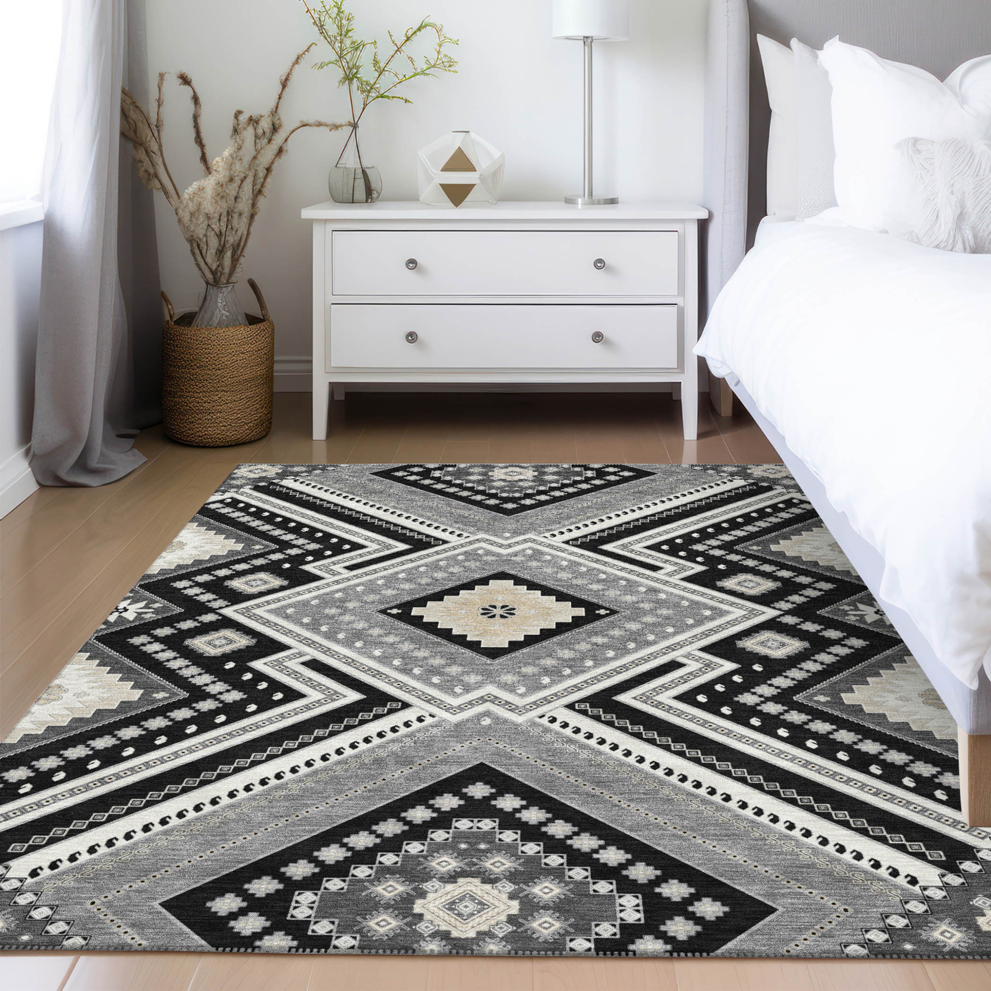10' X 14' Black Gray And Ivory Tribal Washable Indoor Outdoor Area Rug - 1 - Sports & Outdoor