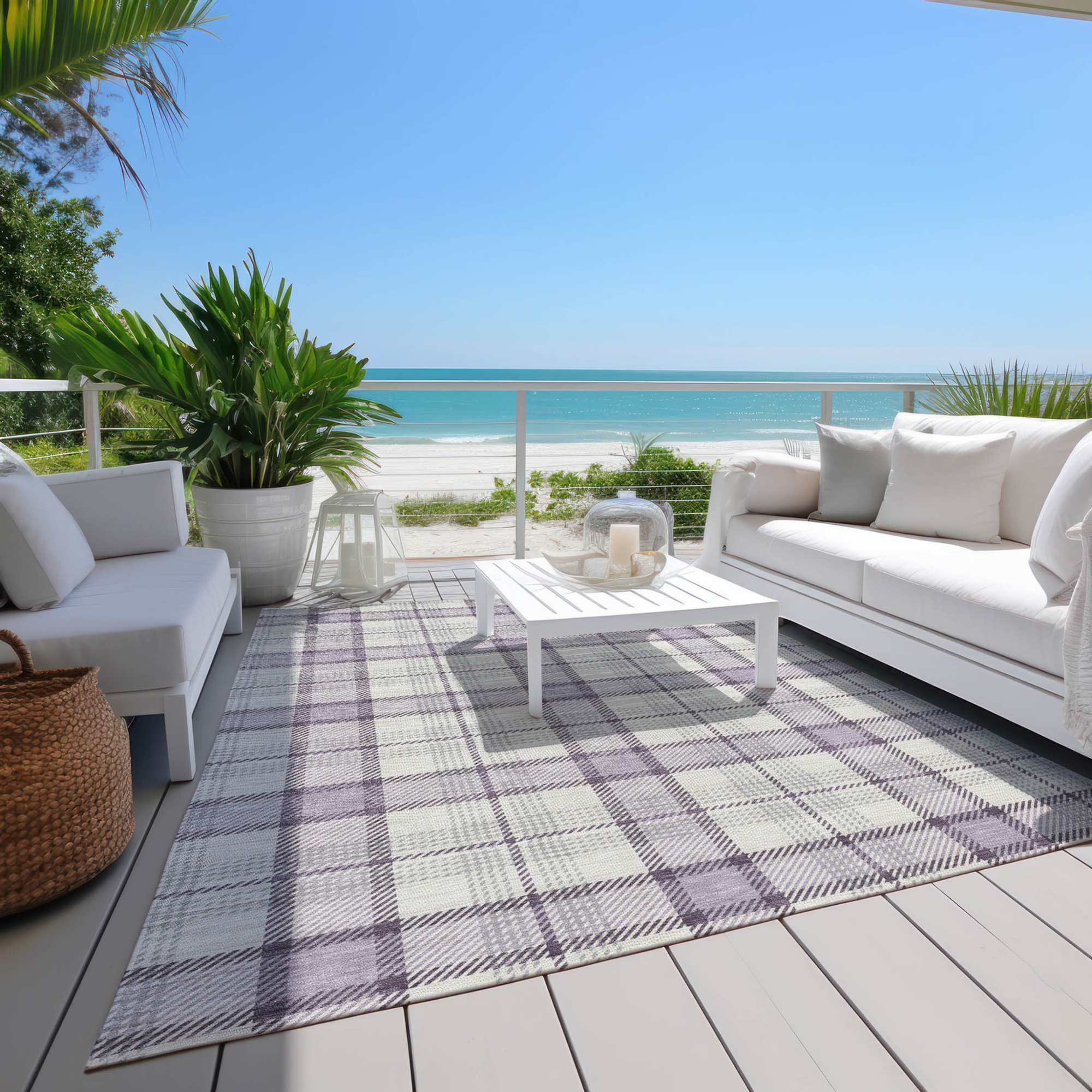 10' X 14' Lavender Purple And Gray Plaid Washable Indoor Outdoor Area Rug - 1 - Sports & Outdoor