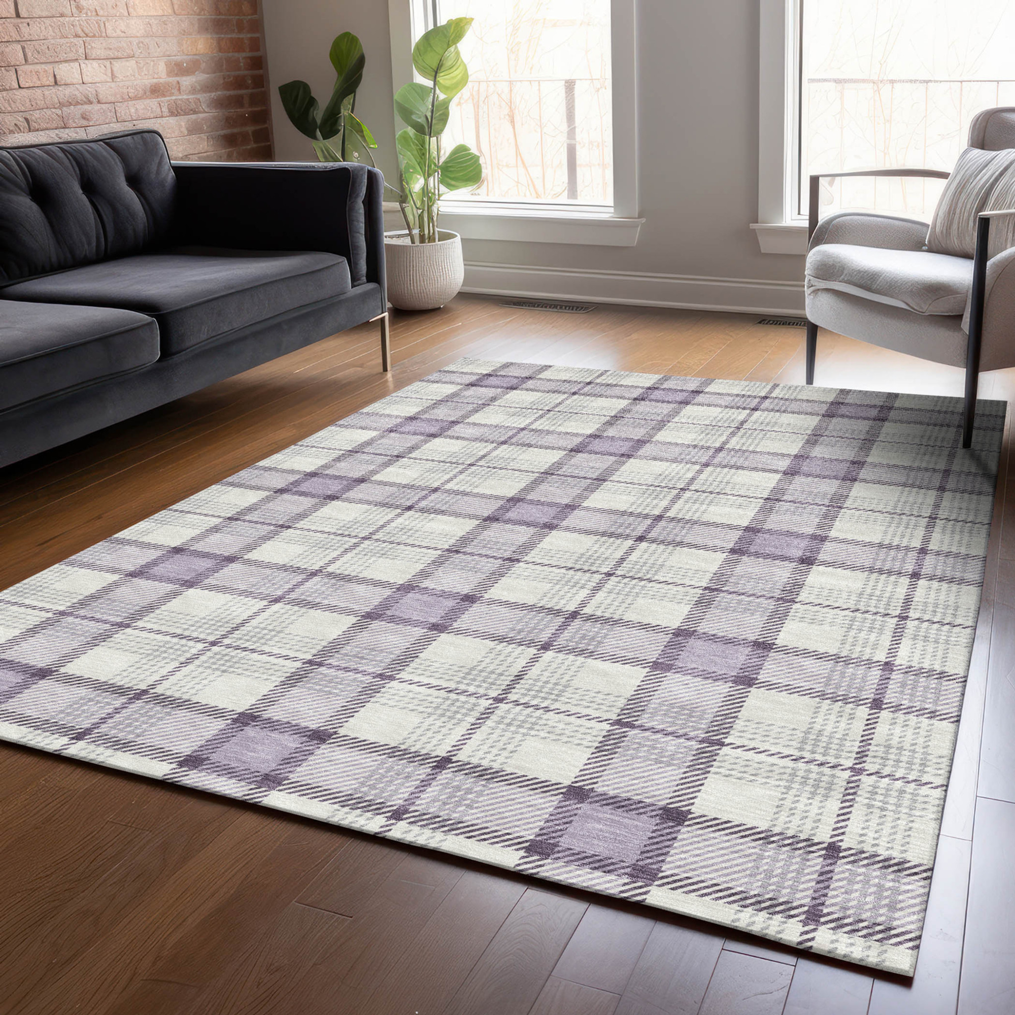 10' X 14' Lavender Purple And Gray Plaid Washable Indoor Outdoor Area Rug - 1 - Sports & Outdoor