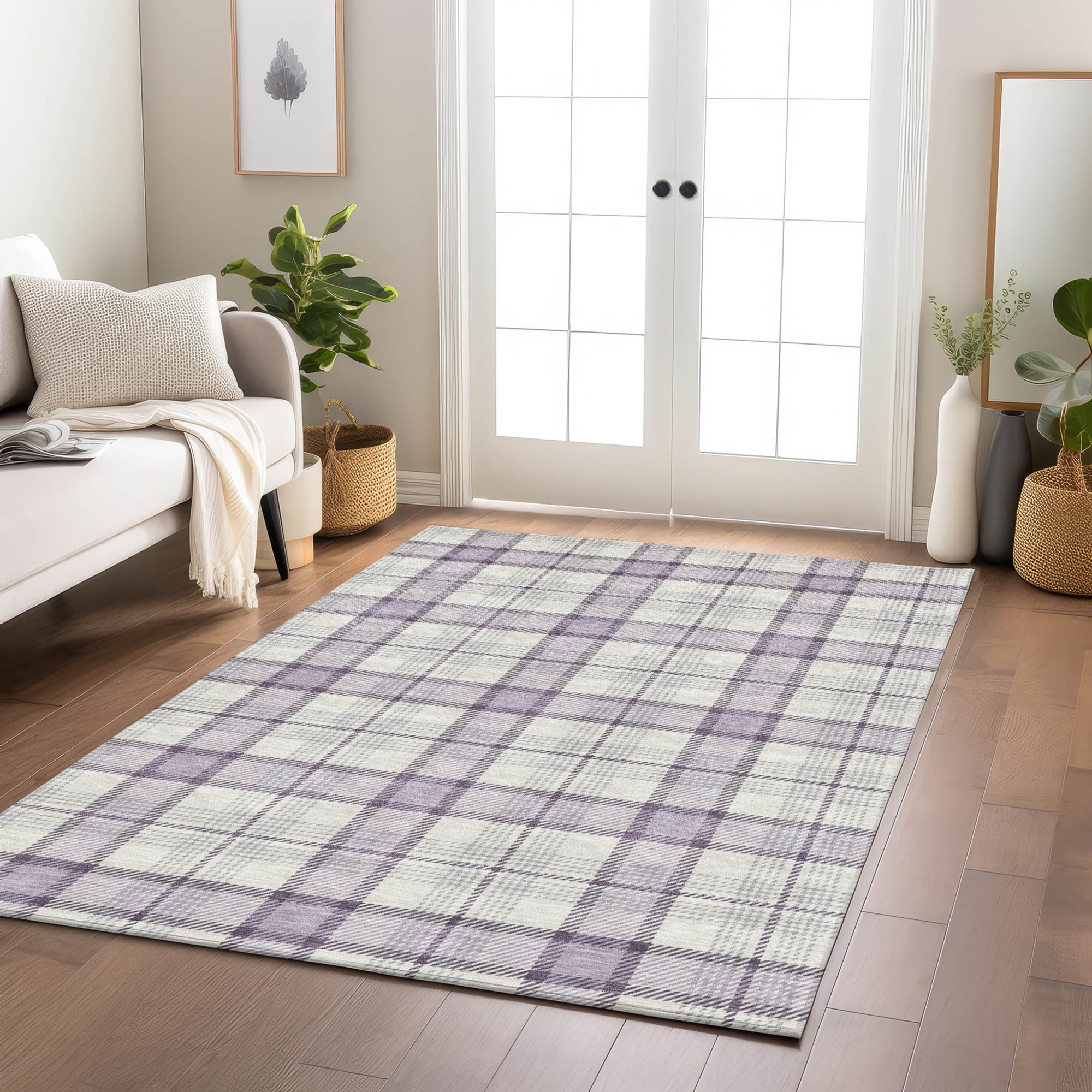 10' X 14' Lavender Purple And Gray Plaid Washable Indoor Outdoor Area Rug - 1 - Sports & Outdoor
