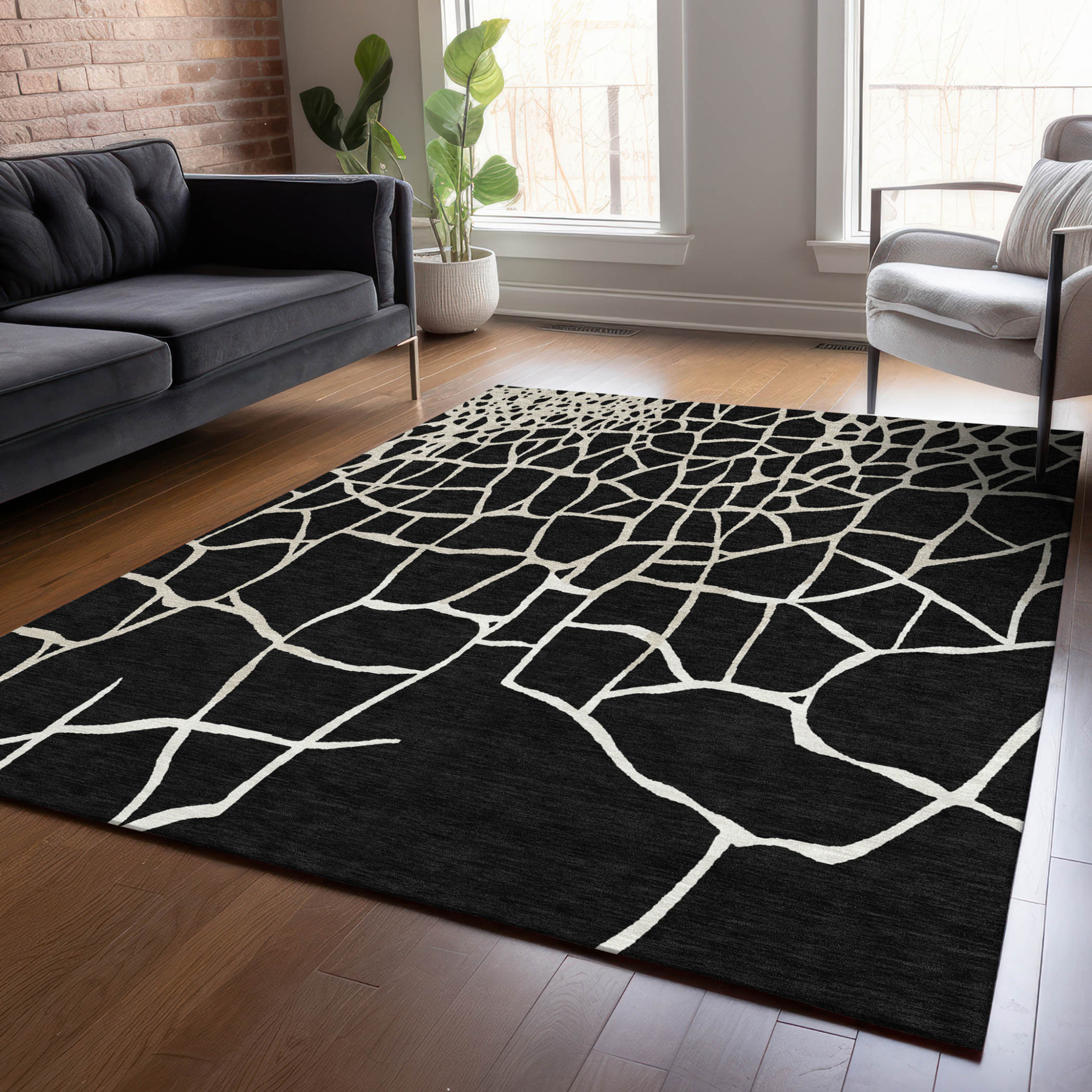 10' X 14' Black And Beige Abstract Washable Indoor Outdoor Area Rug - 1 - Sports & Outdoor