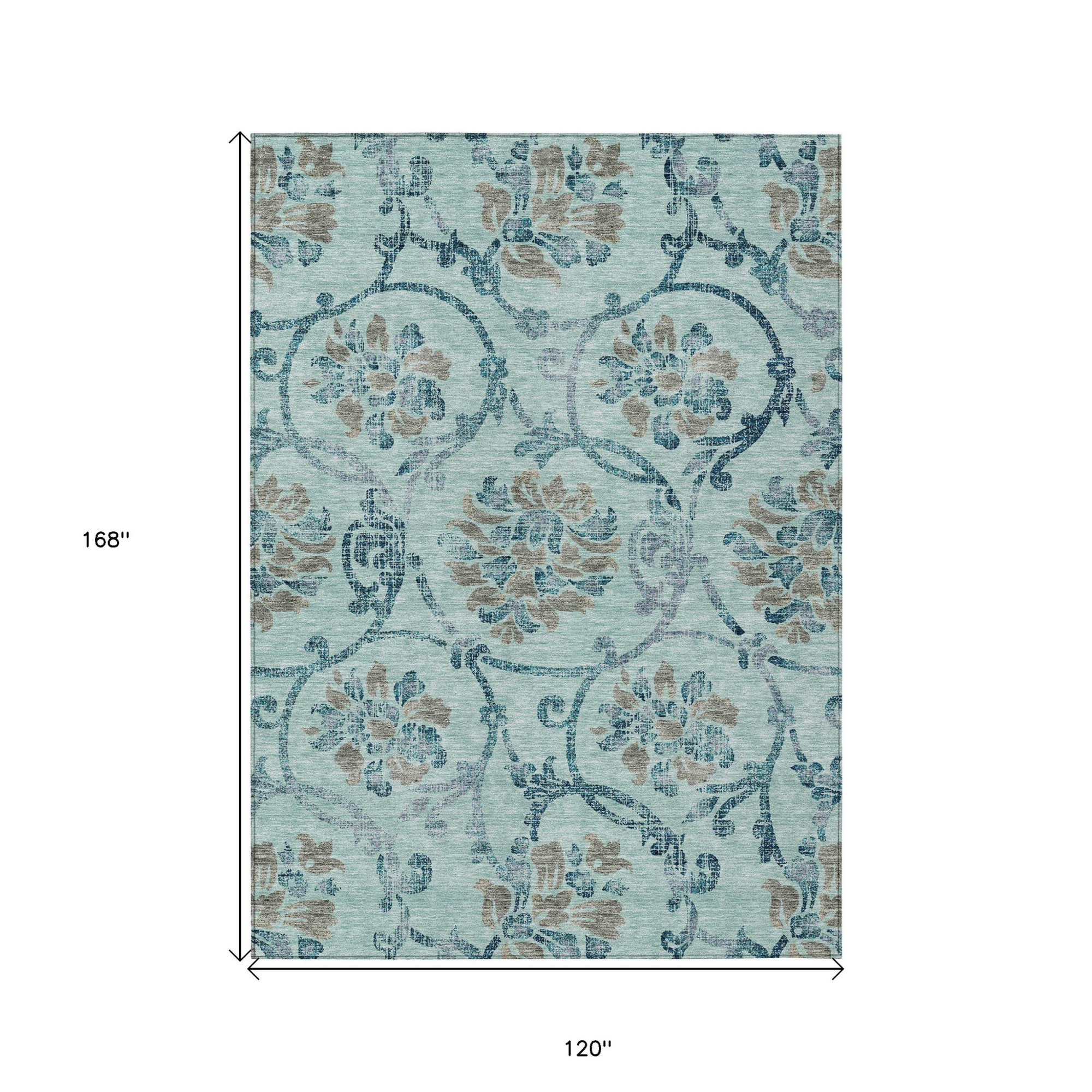 10' X 14' Teal Blue Gray And Aqua Floral Washable Indoor Outdoor Area Rug - 1 - Sports & Outdoor