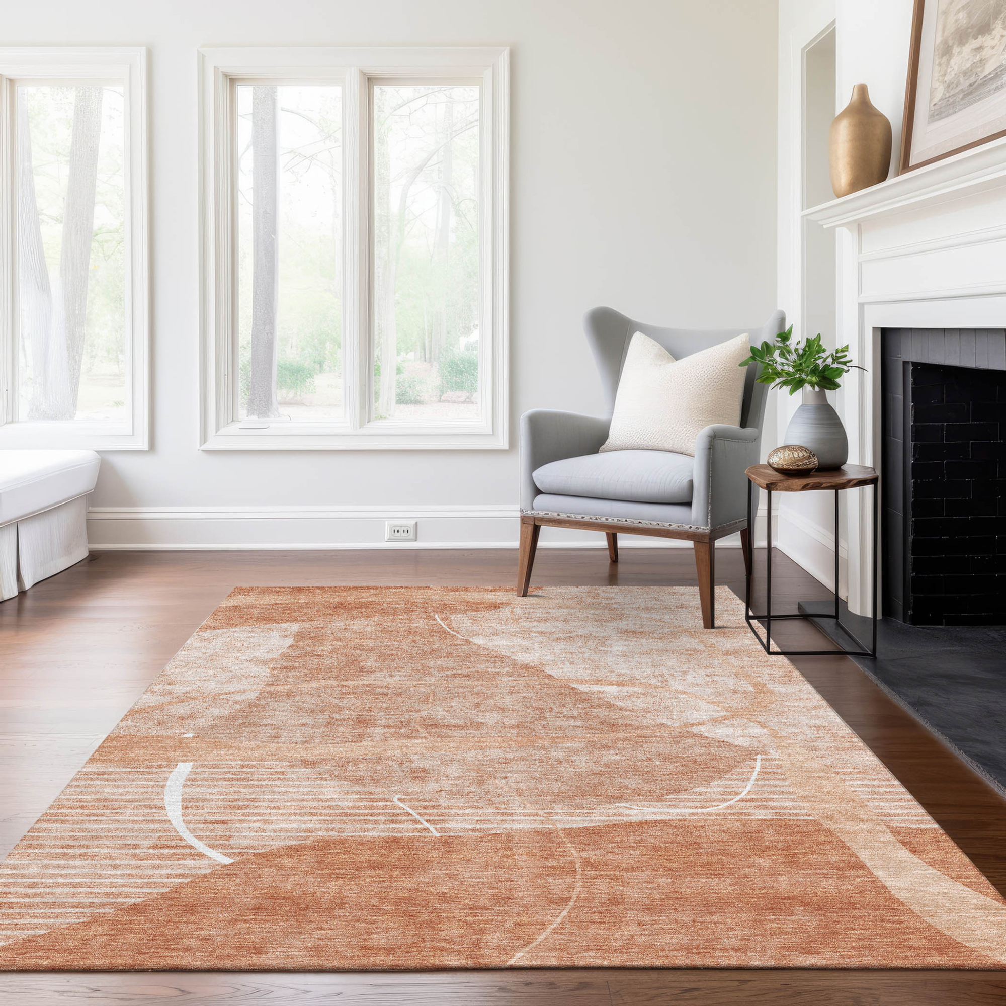 10' X 14' Salmon Copper And Ivory Abstract Washable Indoor Outdoor Area Rug - 1 - Sports & Outdoor