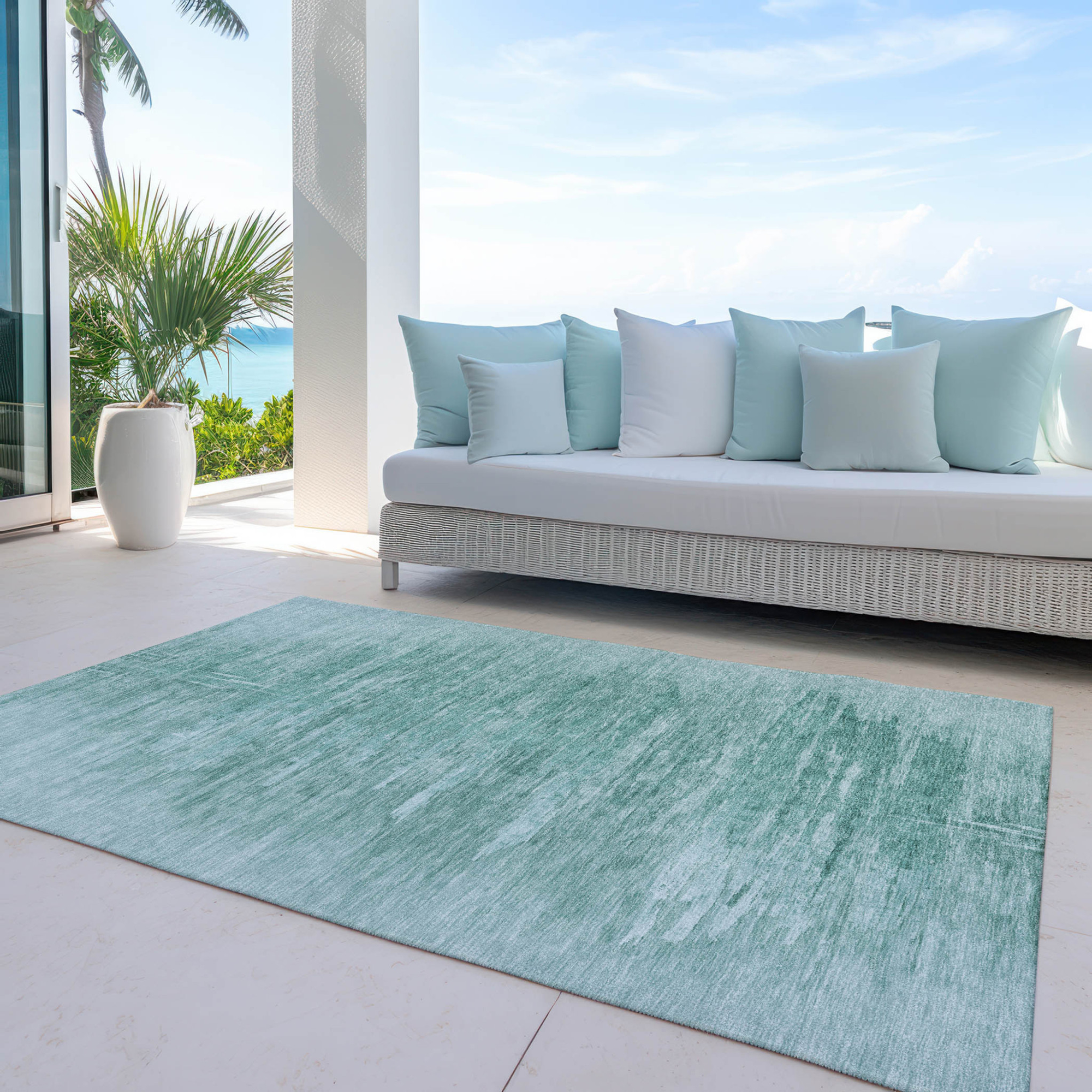 10' X 14' Aqua And Teal Blue Abstract Washable Indoor Outdoor Area Rug - 1 - Sports & Outdoor