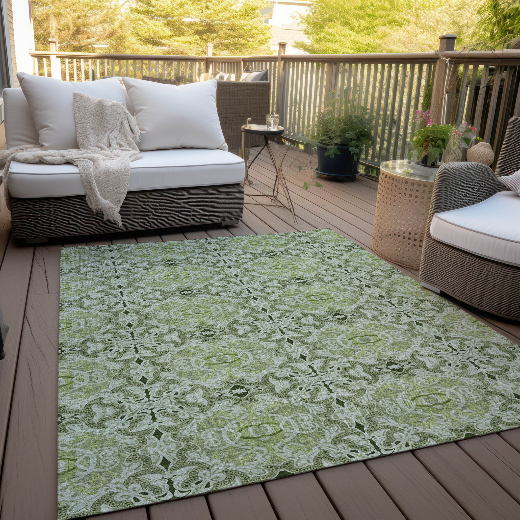 10' X 14' Artichoke Green And Fern Green Medallion Washable Indoor Outdoor Area Rug - 1 - Sports & Outdoor