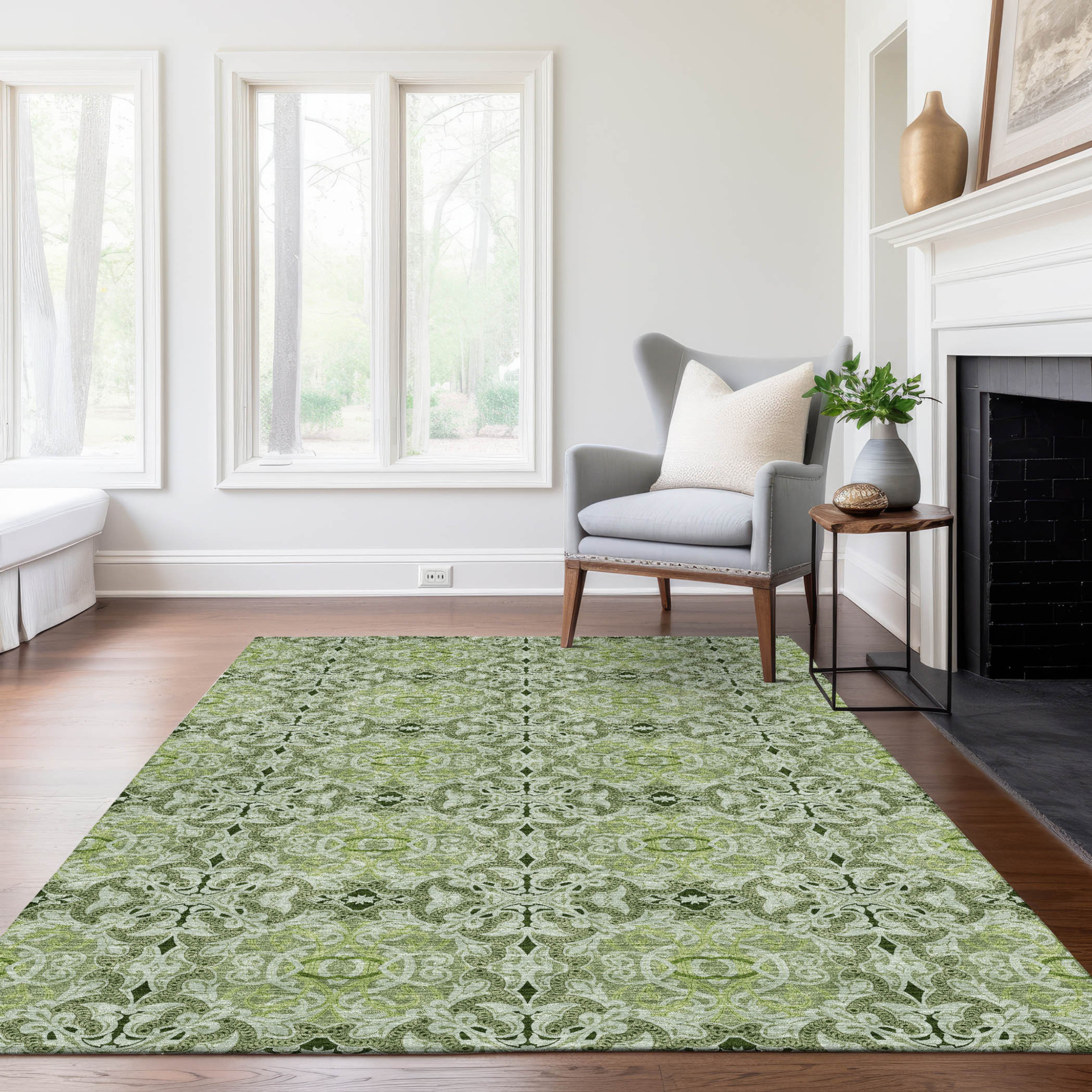 10' X 14' Artichoke Green And Fern Green Medallion Washable Indoor Outdoor Area Rug - 1 - Sports & Outdoor