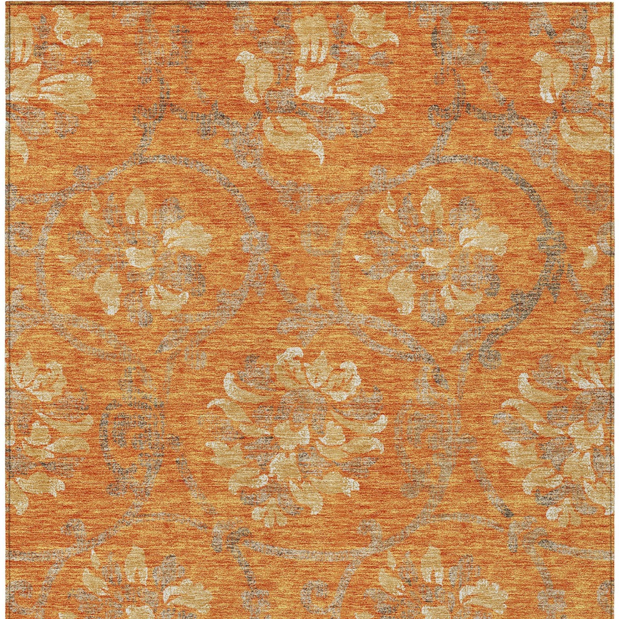 10' X 14' Orange Gray And Beige Floral Washable Indoor Outdoor Area Rug - 1 - Sports & Outdoor