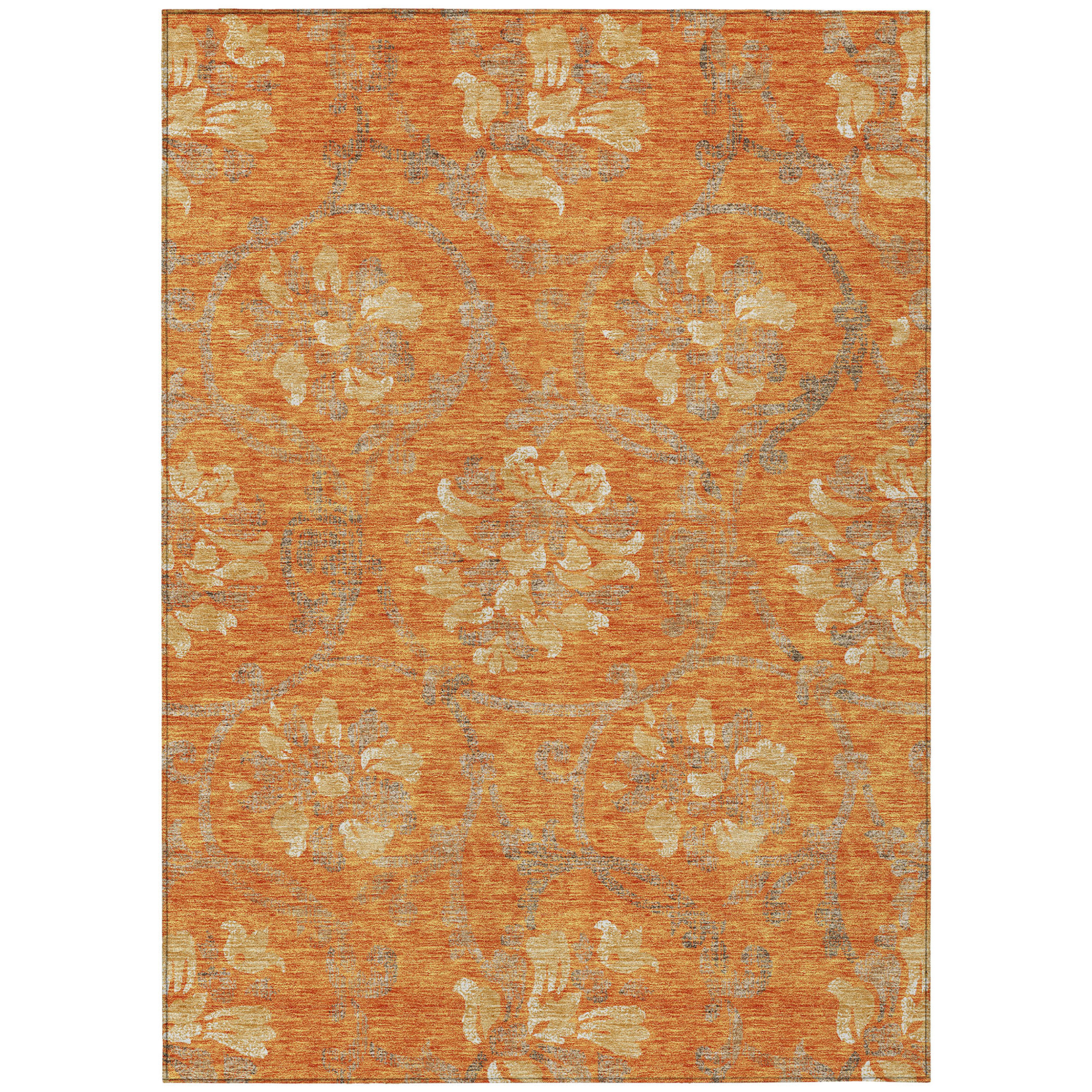 10' X 14' Orange Gray And Beige Floral Washable Indoor Outdoor Area Rug - 1 - Sports & Outdoor