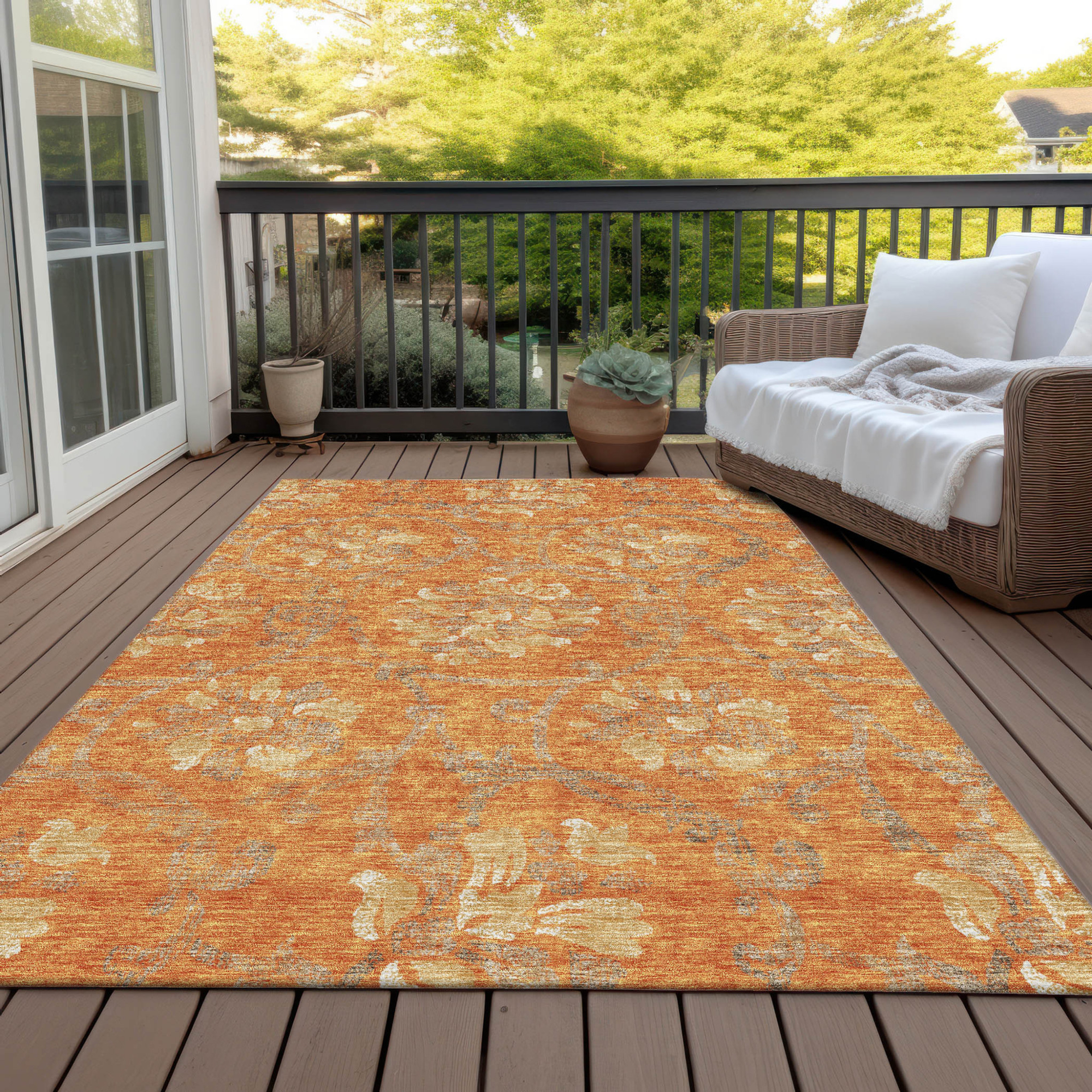 10' X 14' Orange Gray And Beige Floral Washable Indoor Outdoor Area Rug - 1 - Sports & Outdoor