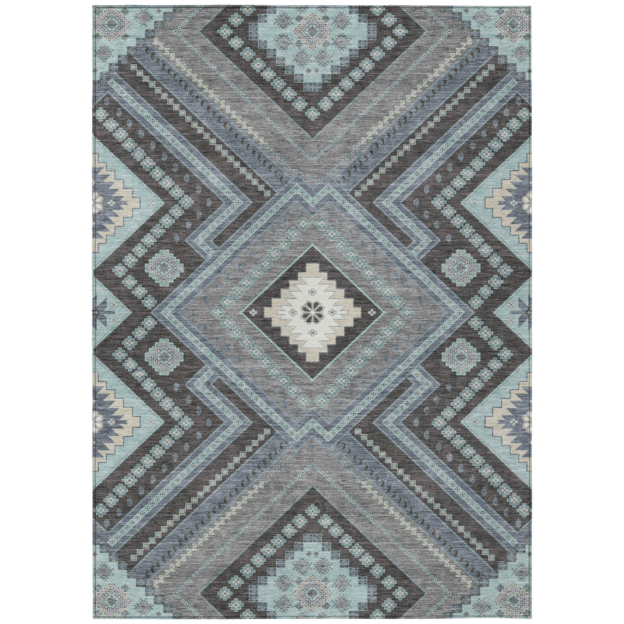 9' X 12' Pewter Charcoal And Sky Blue Tribal Washable Indoor Outdoor Area Rug Sports & Outdoor