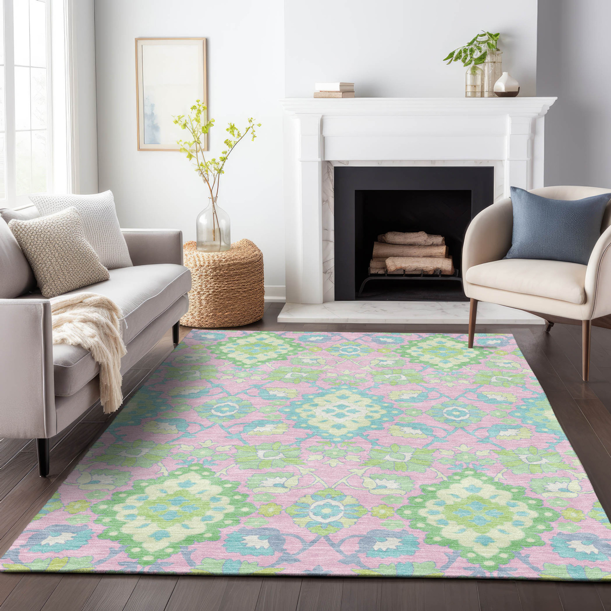 5' X 8' Pink Green And Blue Oriental Washable Indoor Outdoor Area Rug Sports & Outdoor