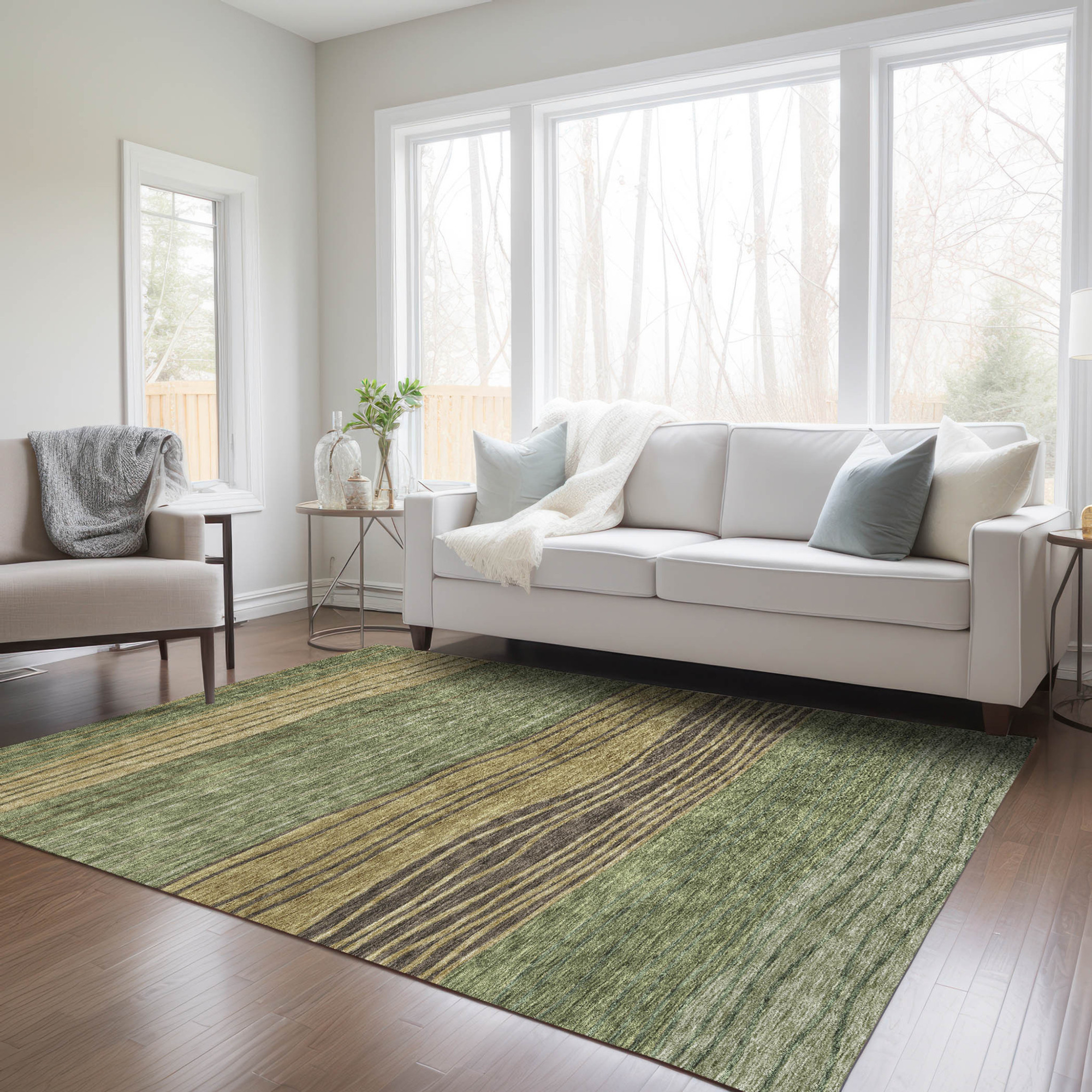 9' X 12' Olive Green And Chocolate Striped Washable Indoor Outdoor Area Rug Sports & Outdoor