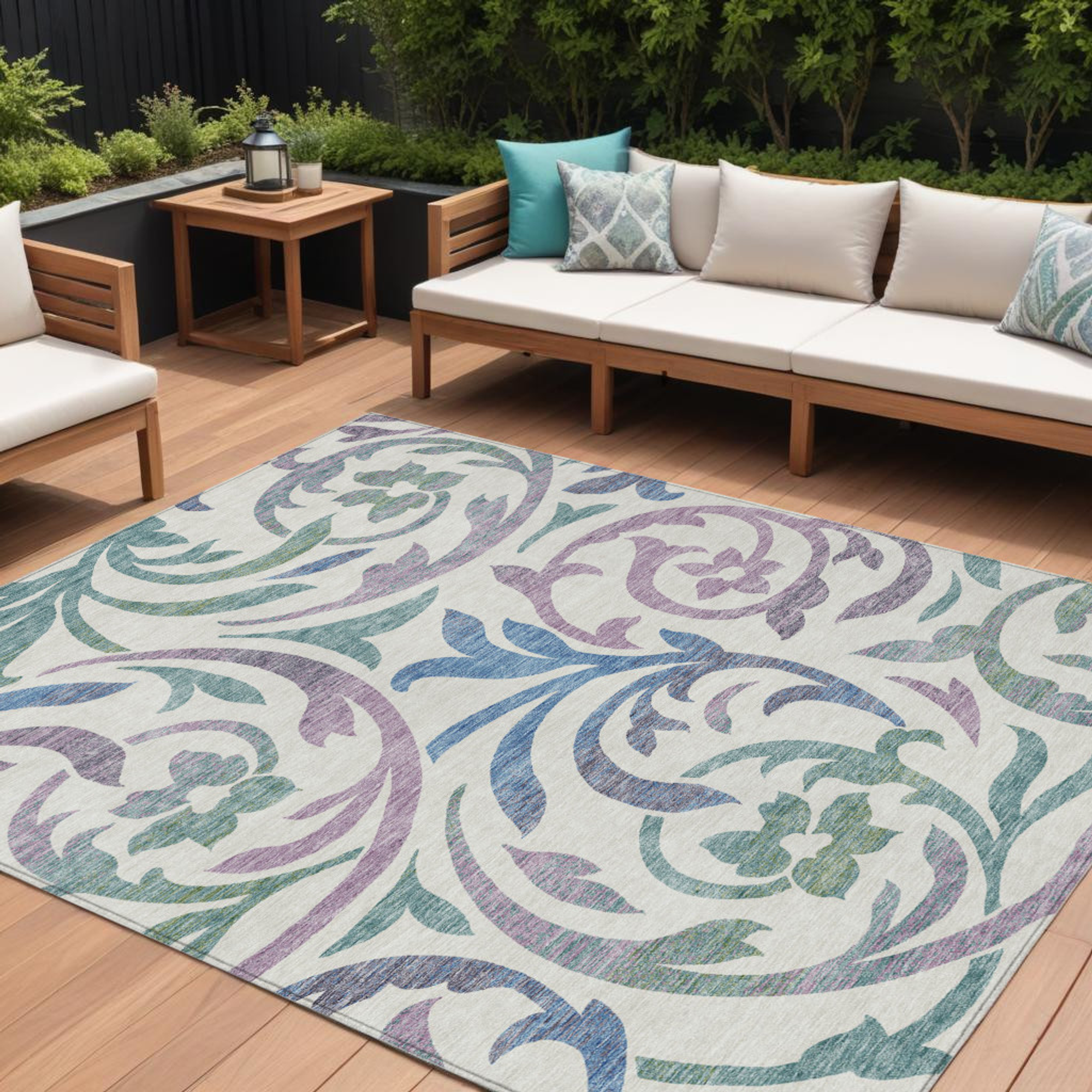 9' X 12' White Purple And Sage Floral Washable Indoor Outdoor Area Rug Sports & Outdoor
