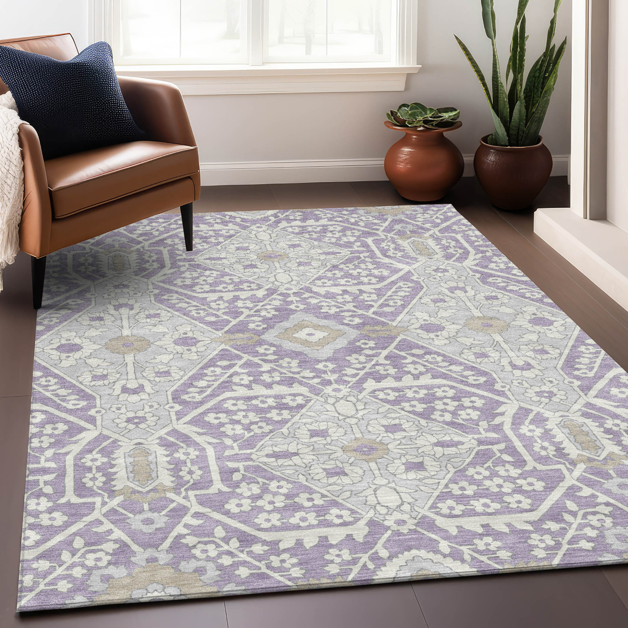 9' X 12' Lavender Gray And Beige Floral Washable Indoor Outdoor Area Rug Sports & Outdoor
